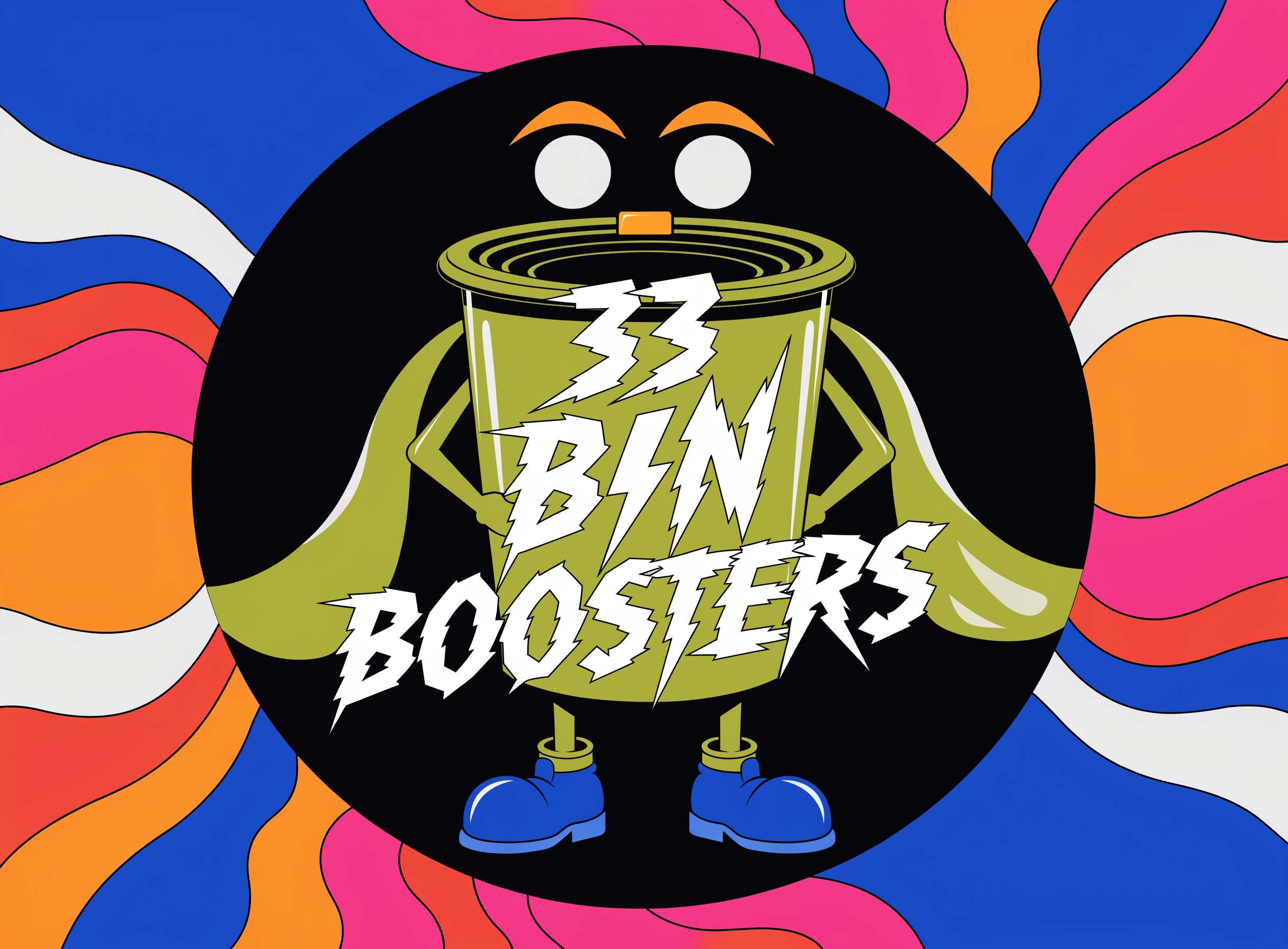 A cinematic logo-like image for "33 BIN BOOSTERS".  The image takes inspiration from pop art as well as creative graphic design. The image is quite colorful and draws attention to the name and center of the image. The background can be colorful too as it blends in nicely with the image. In the center of the image is a trash bin that is now clean and heroic. The majority of the image could be centered on a circular cut-out. The words fit in the cutout too along with the heroic-bin and the font resembles Lightning in the sense that it is jagged and pointed. The "i" in bin should be a lightning bolt and the image and letters follow a simple and luxurious color scheme. 