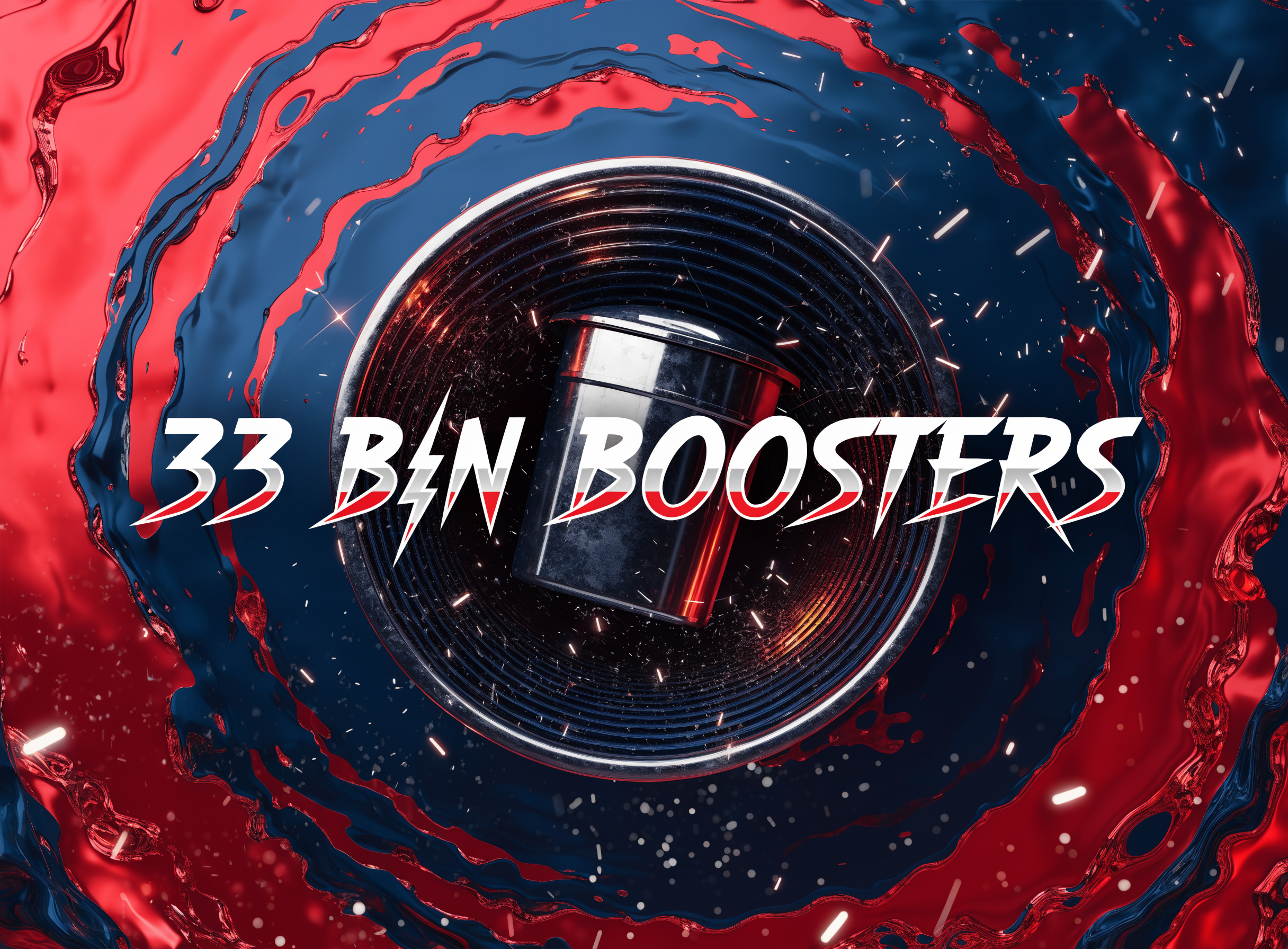 A cinematic logo-like image for "33 BIN BOOSTERS".  The image takes inspiration from pop art as well as creative graphic design. The image draws attention to the name and center of the image. The background blends in nicely with the image. In the center of the image is a trash bin that is now shiny, sparkling, clean, strong and heroic. The majority of the image is centered on the circular cut-out in the middle. The words fit in the cutout too along with the heroic-bin, and the font resembles Lightning in the sense that it is jagged and pointed. The "i" in bin should be a lightning bolt and the image and letters follow a simple and luxurious color scheme. 