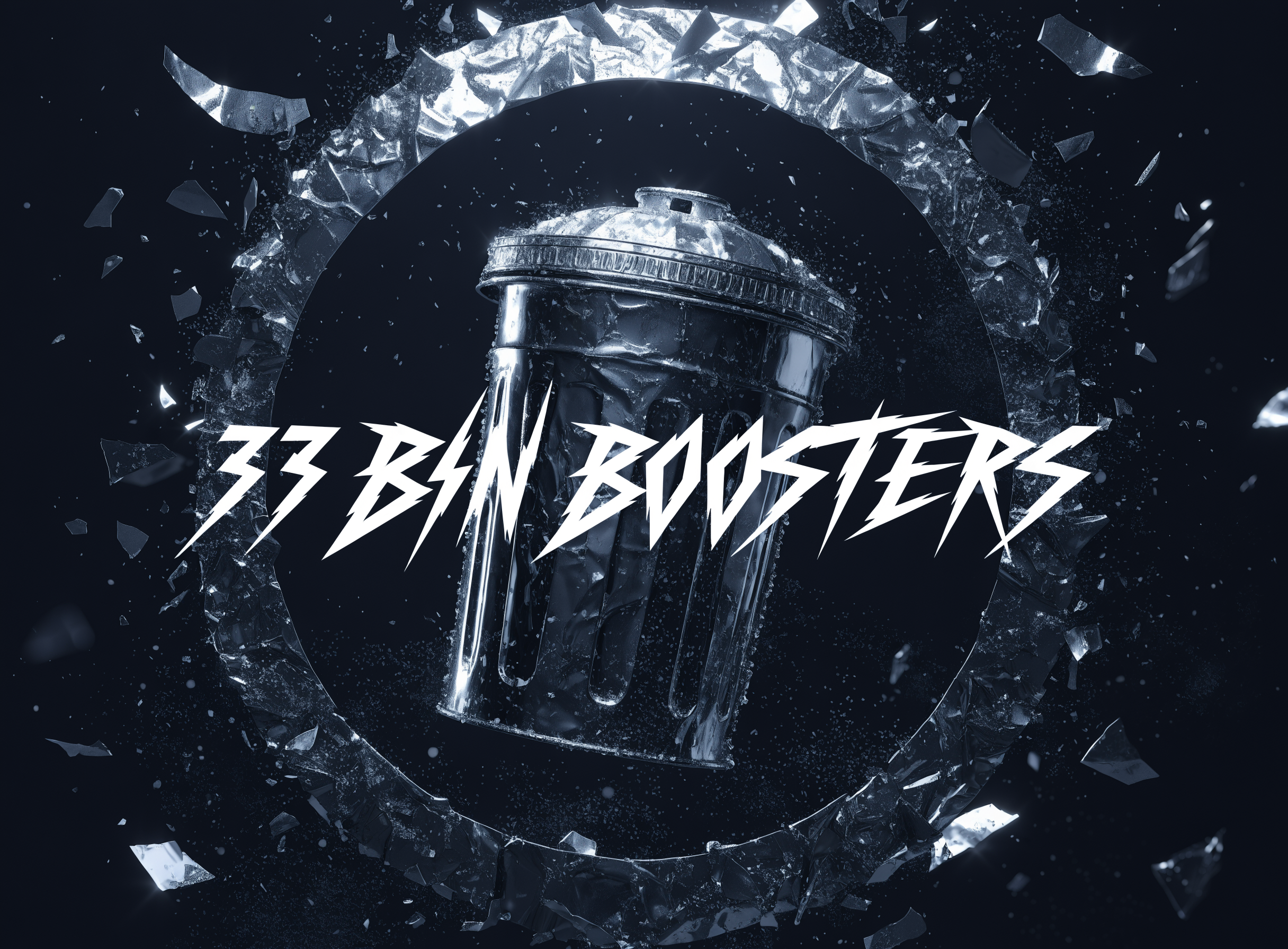 A cinematic logo-like image for "33 BIN BOOSTERS".  The image takes inspiration from creative graphic design. The image draws attention to the name and center of the image. The background blends in nicely with the image. In the center of the image is a trash bin that is now shiny, sparkling, clean, strong and heroic. The majority of the image is centered on the circular cut-out in the middle. All letters fit in the circular cutout along with the heroic-bin, and the font resembles Lightning in the sense that it is jagged and pointed. The "i" in bin should be a lightning bolt and the image and letters follow a simple and luxurious color scheme. 