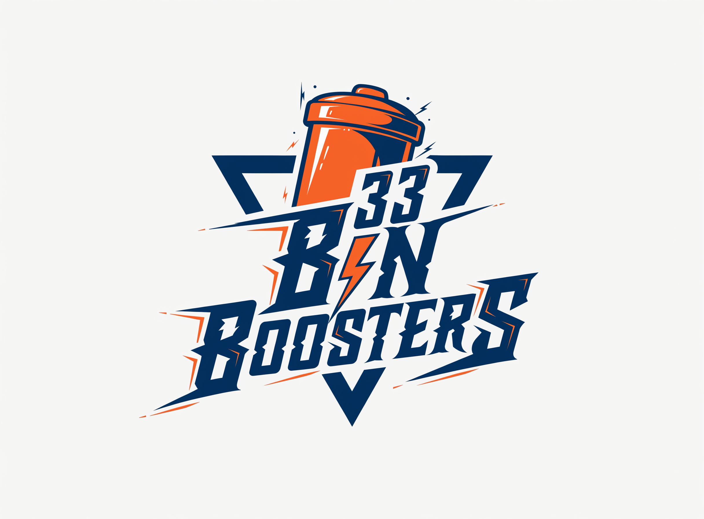 A simple, yet classy logo-like image for "33 BIN BOOSTERS".  The image takes inspiration from creative graphic design. The image draws attention to the name and center of the image. The background blends in nicely with the image. In the center of the image is a trash bin that is now shiny, sparkling, clean, strong and heroic. The majority of the image is centered on the triangular cut-out in the middle. All letters easily fit in the triangular cutout along with the heroic-bin, and the font resembles Lightning in the sense that it is jagged and pointed. The "i" in bin should be a lightning bolt and the image and letters follow a simple and luxurious color scheme. The colors pop. 