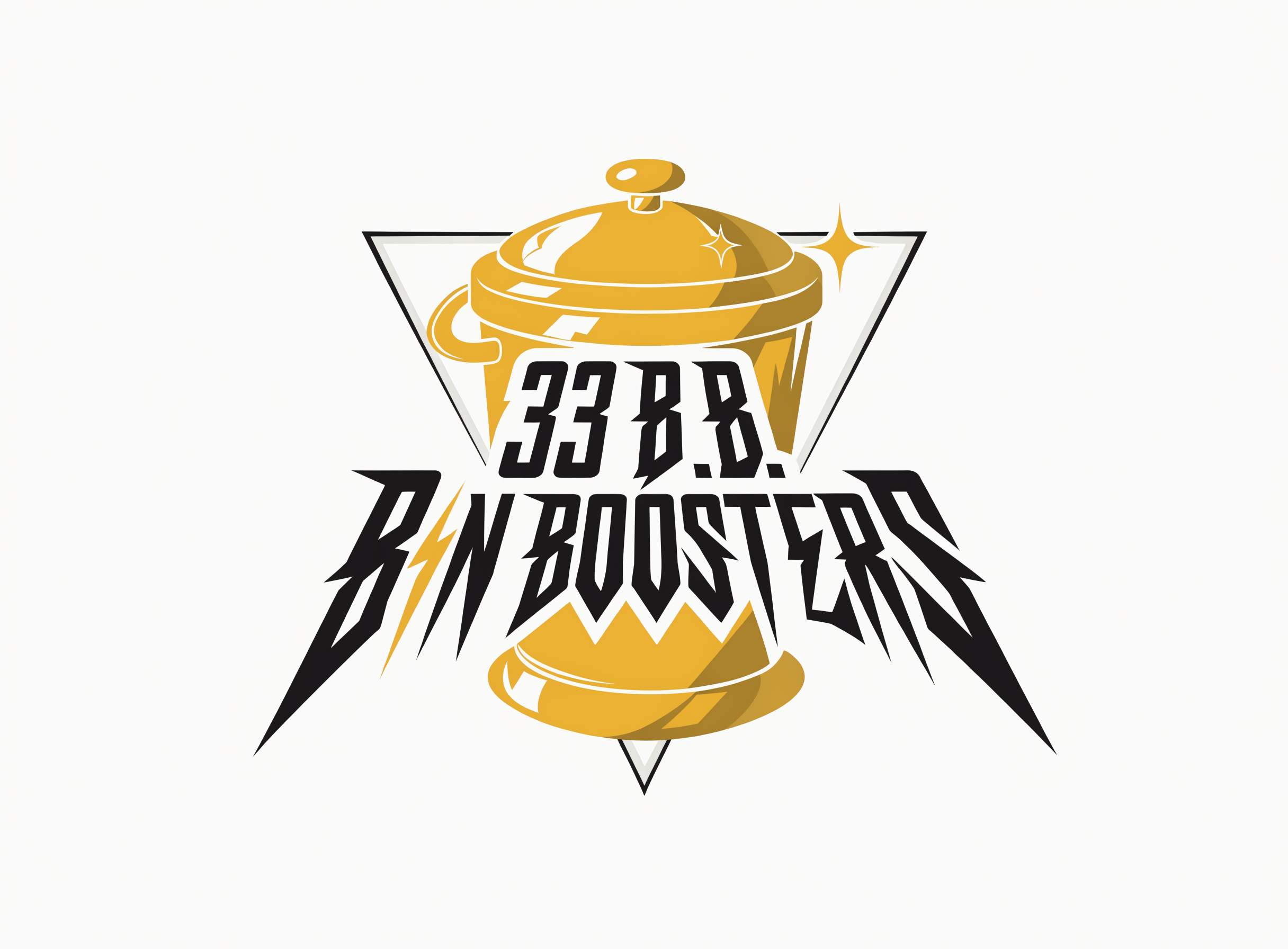 A simple, yet classy logo-like image for "33 BIN BOOSTERS" Which is represented by the acronym 33 B.B. The image takes inspiration from creative graphic design. The image draws attention to the name and center of the image. The background blends in nicely with the image. In the center of the image is a trash bin that is now shiny, sparkling, clean, strong and heroic. The majority of the image is centered on the triangular cut-out in the middle. All letters easily fit in the triangular cutout along with the heroic-bin, and the font resembles Lightning in the sense that it is jagged and pointed. The "i" in bin should be a lightning bolt and the image and letters follow a simple and luxurious color scheme. The colors pop. 