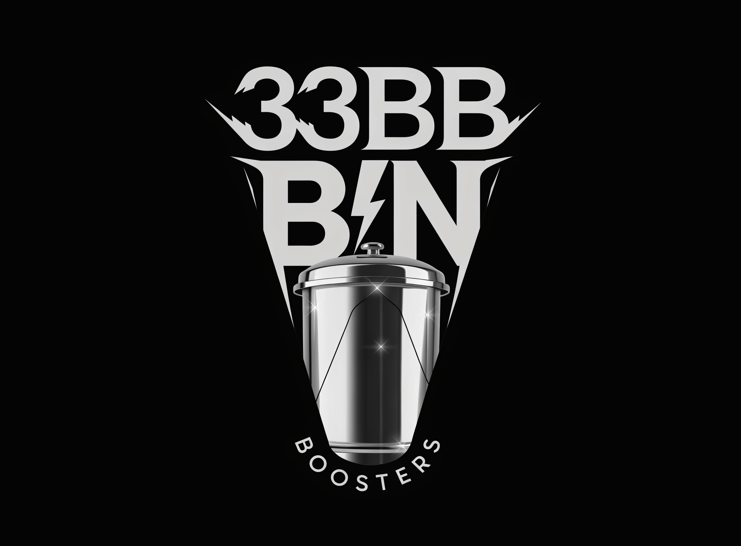 A simple, yet classy logo-like image for "33 BIN BOOSTERS" Which is represented by the acronym 33 B.B. The image takes inspiration from creative graphic design. The image draws attention to the name and center of the image. The background blends in nicely with the image. In the center of the image is a trash bin that is now shiny, sparkling, clean, strong and heroic. The majority of the image is centered on the triangular cut-out in the middle. All letters easily fit in the triangular cutout along with the heroic-bin, and the font resembles Lightning in the sense that it is jagged and pointed. The "i" in bin should be a lightning bolt and the image and letters follow a simple and luxurious color scheme. The colors pop subtly. 