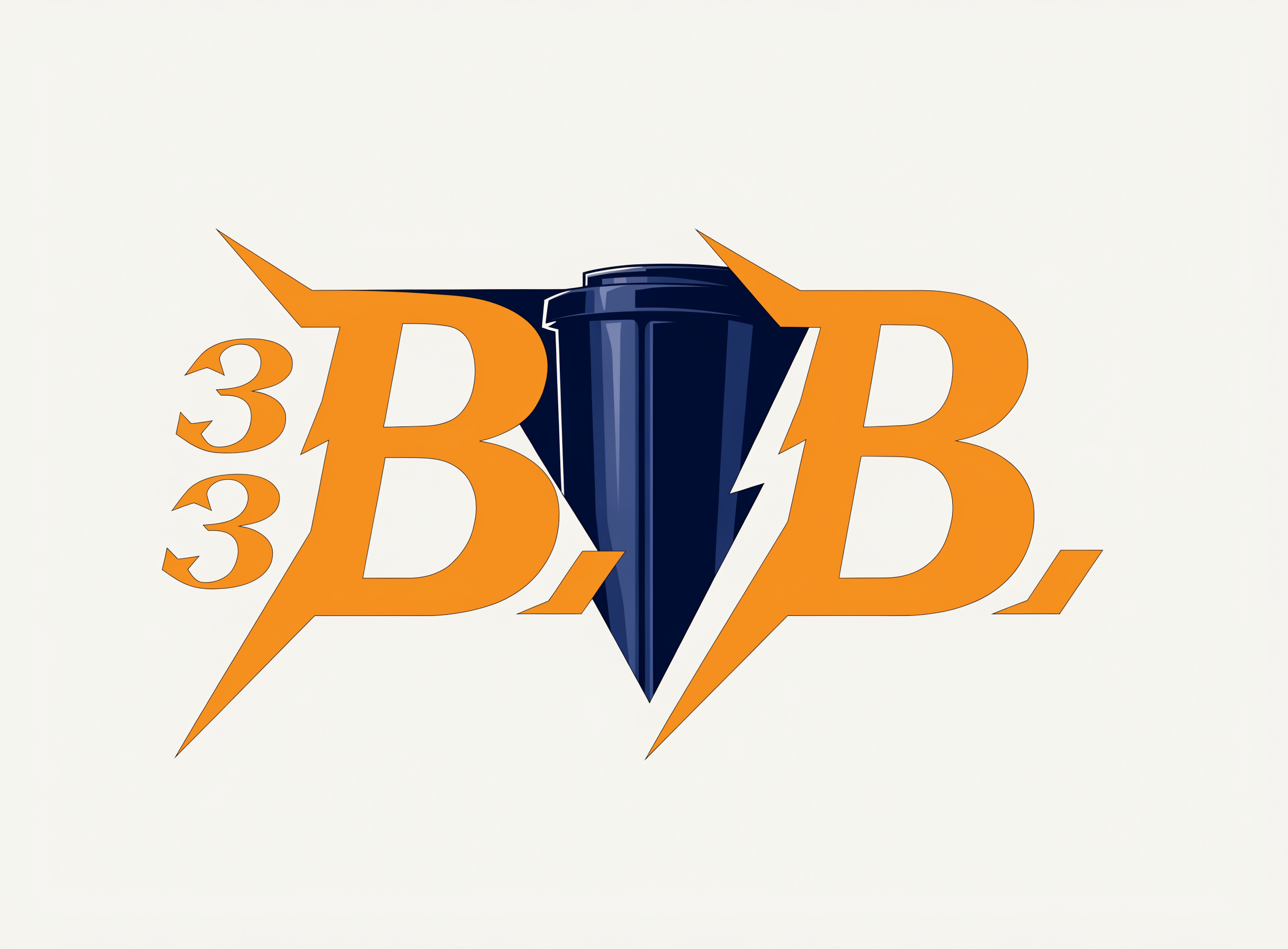 A simple, yet classy logo-like image for "33 BIN BOOSTERS" Which is represented solely by the acronym 33 B.B. The B letters in the image resemble the stature of Bentley and/or Bitcoin. The image takes inspiration from creative graphic design. The image draws attention to the name and center of the image. The background blends in nicely with the image. In the center of the image is a trash bin that is now shiny, sparkling, clean, strong and heroic. The majority of the image is centered on the triangular cut-out in the middle. All letters easily fit in the triangular cutout along with the heroic-bin, and the font resembles Lightning in the sense that it is jagged and pointed. The  letters follow a simple and luxurious color scheme. The colors pop subtly. 