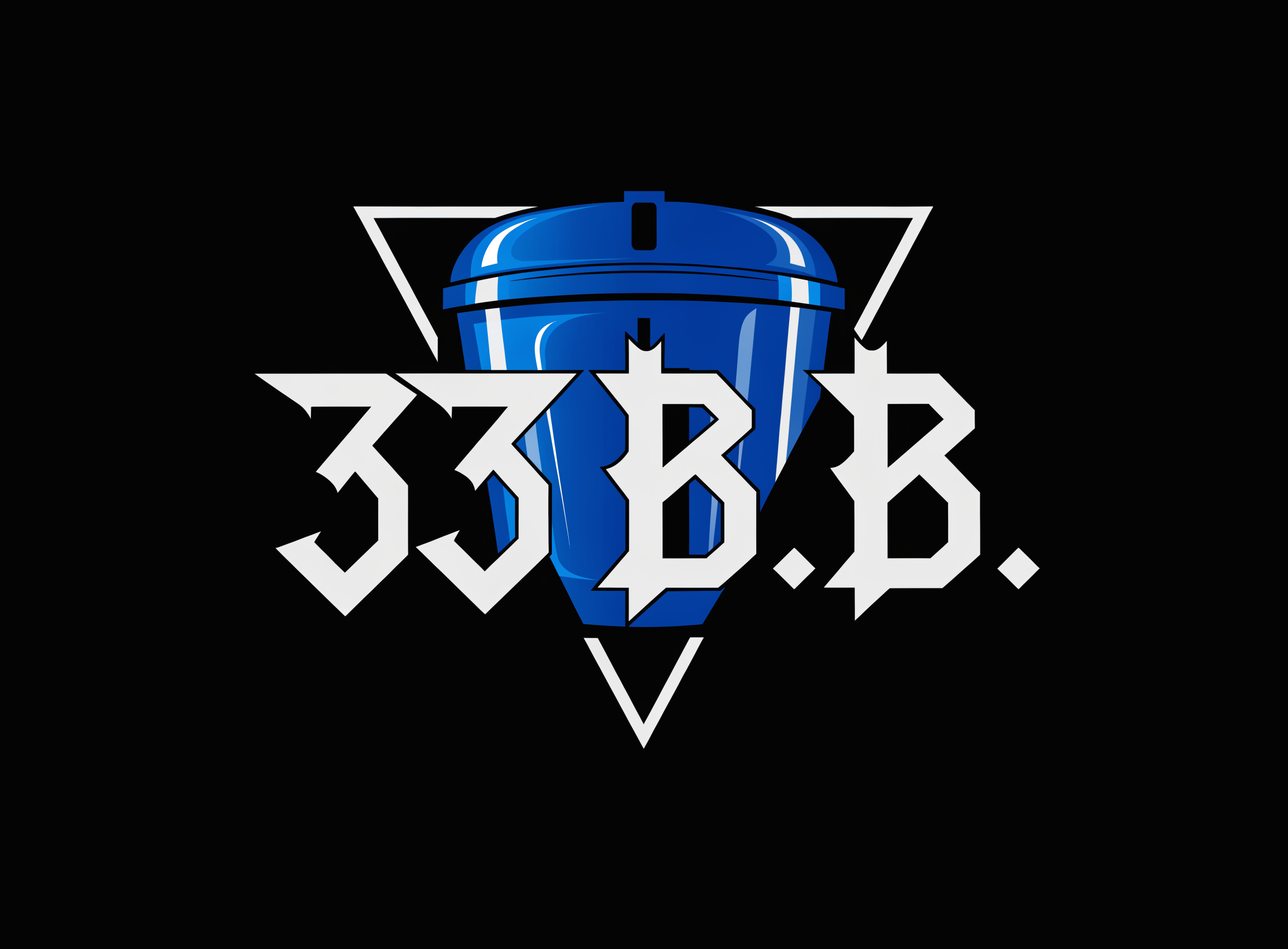 A simple, yet classy logo-like image for "33 BIN BOOSTERS" Which is represented solely by the acronym 33 B.B. The B letters in the image resemble the stature of Bentley and/or Bitcoin. The image takes inspiration from creative graphic design. The image draws attention to the name and center of the image. The background blends in nicely with the image. In the center of the image is a trash bin that is now shiny, sparkling, clean, strong and heroic. The majority of the image is centered on the triangular cut-out in the middle. All letters easily fit in the triangular cutout along with the heroic-bin, and the font resembles Lightning in the sense that it is jagged and pointed. The  letters follow a simple and luxurious color scheme. The colors pop subtly. The entire image fits in the triangle neatly and compactly. 