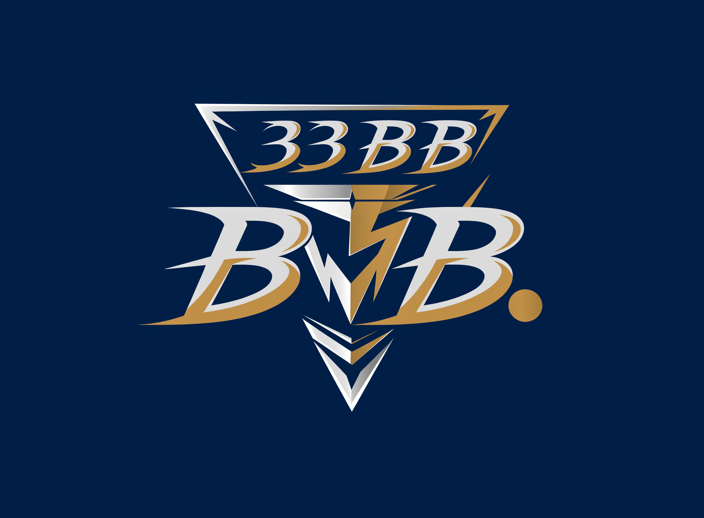 A simple, yet classy logo-like image for "33 BIN BOOSTERS" Which is represented solely by the acronym 33 B.B. The B letters in the image resemble the stature of Bentley and/or Bitcoin. The image takes inspiration from creative graphic design. The image draws attention to the name and center of the image. The background blends in nicely with the image. In the center of the image is a trash bin that is now shiny, sparkling, clean, strong and heroic. The majority of the image is centered on the triangular cut-out in the middle. All letters easily fit in the triangular cutout along with the heroic-bin, and the font resembles Lightning in the sense that it is jagged and pointed. The  letters follow a simple and luxurious color scheme. The colors pop subtly. The entire image and letters fit in the triangle neatly and with plenty of space to spare. Nothing looks out of place or cut-off. 