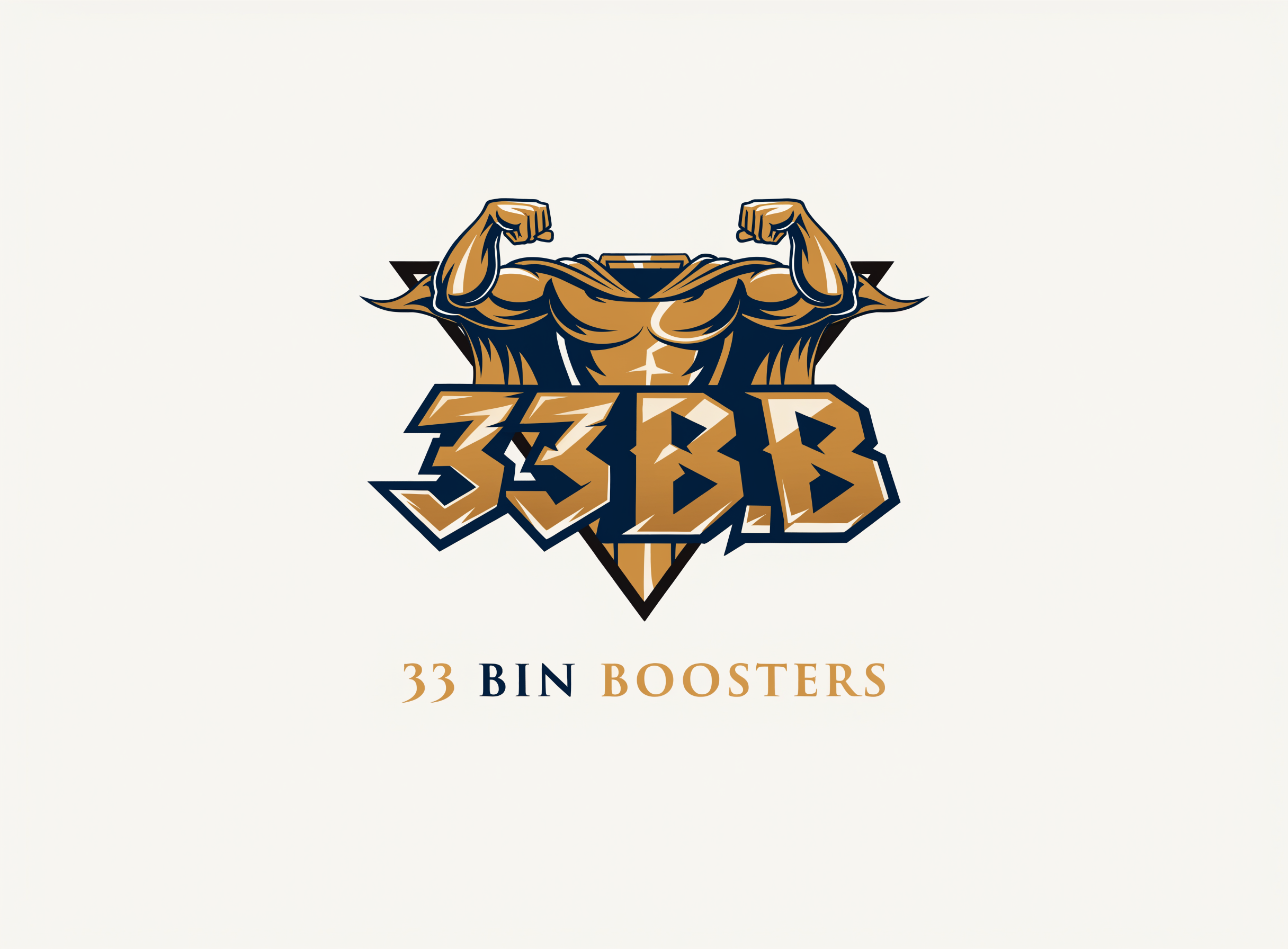 A simple, yet classy logo-like image for "33 BIN BOOSTERS" Which is represented by the acronym 33 B.B written one time in bold, jagged, lightning style letters. The B letters in the image also resemble the stature of Bentley and/or Bitcoin. The image takes inspiration from creative graphic design. The image draws attention to the name and center of the image. The background blends in nicely with the image. In the center of the image is a trash bin that is now shiny, sparkling, clean, strong and heroic. The majority of the image is centered on the triangular cut-out in the middle. All letters easily fit in the triangular cutout along with the heroic-bin which has muscles and a cape. The letters follow a simple and luxurious color scheme. The colors pop subtly and gold is the main color that shows up. The entire image and letters fit in the triangle neatly and with plenty of space to spare. Nothing looks out of place or cut-off. 