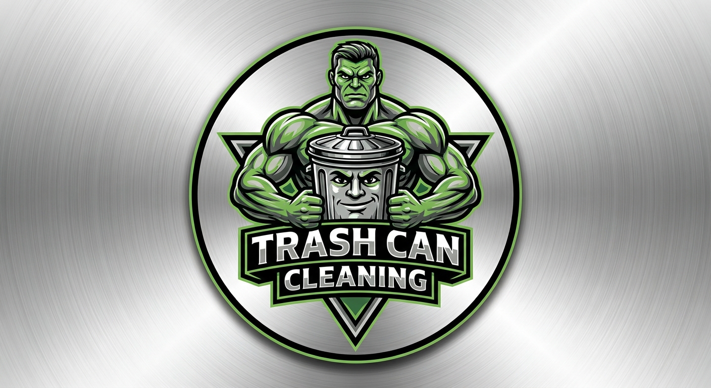 Take out the words 33 BIN BOOSTERS below the triangle.  In between the arms of the muscular character is a head that is a trashcan personified The trash-head includes a lid of a metal style trash can and facial features that match the image and color scheme. Instead of a white background, there is a shiny silver with nice shadowing effects. 