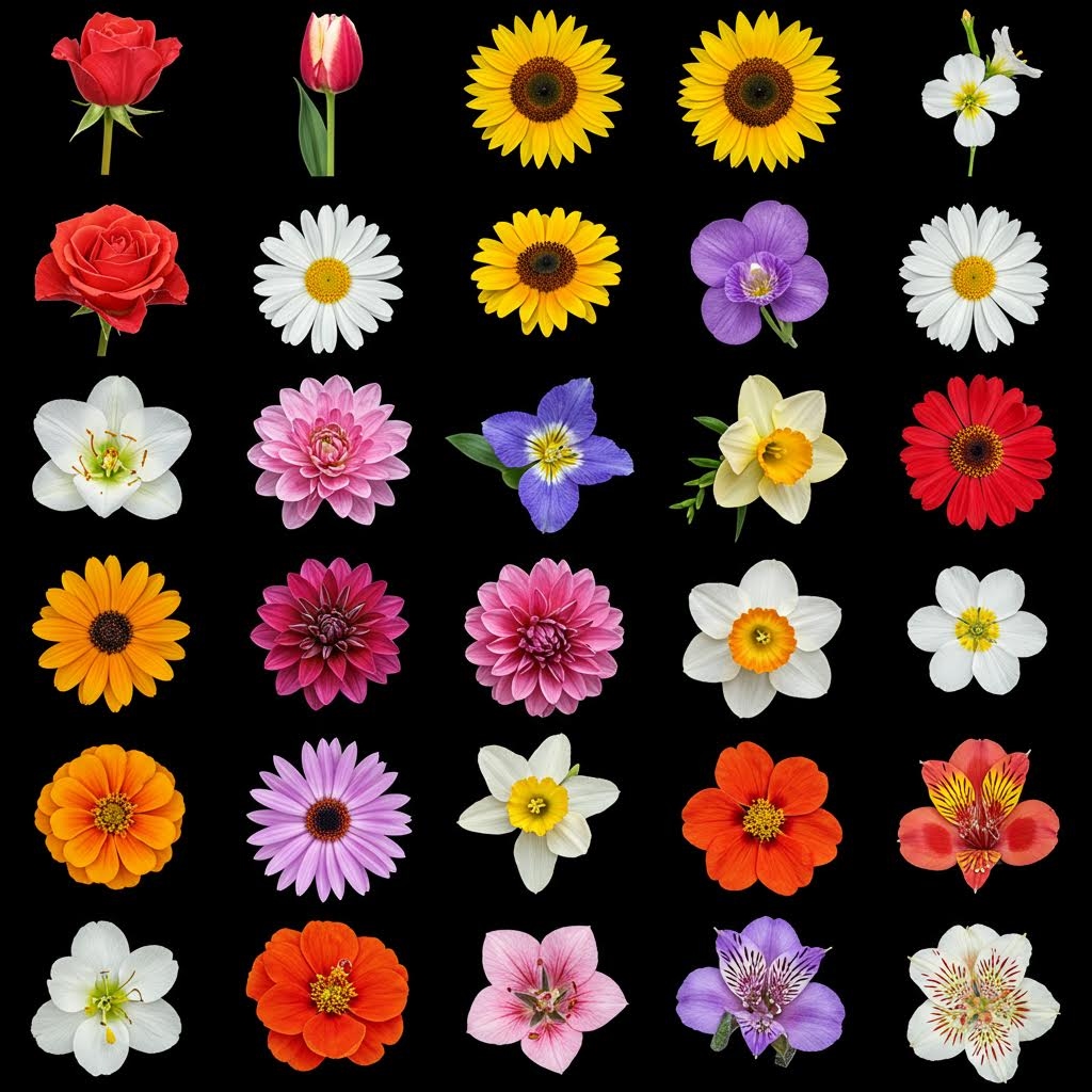 That's a great selection for building diverse image prompts! Here is a list of 25 types of flowers, covering a mix of popular cut flowers and garden blooms:

1.  **Rose**
2.  **Tulip**
3.  **Lily** (e.g., Asiatic or Oriental)
4.  **Sunflower**
5.  **Daisy** (e.g., Shasta or English)
6.  **Carnation**
7.  **Orchid** (e.g., Phalaenopsis or Dendrobium)
8.  **Hydrangea**
9.  **Peony**
10. **Dahlia**
11. **Calla Lily**
12. **Iris**
13. **Lavender**
14. **Freesia**
15. **Ranunculus**
16. **Snapdragon**
17. **Daffodil** (Narcissus)
18. **Zinnia**
19. **Marigold**
20. **Gerbera Daisy**
21. **Chrysanthemum** (Mum)
22. **Delphinium** (Larkspur)
23. **Poppy**
24. **Sweet Pea**
25. **Alstroemeria** (Peruvian Lily)

Would you like me to try generating an image using your original prompt and a selection from this list?
