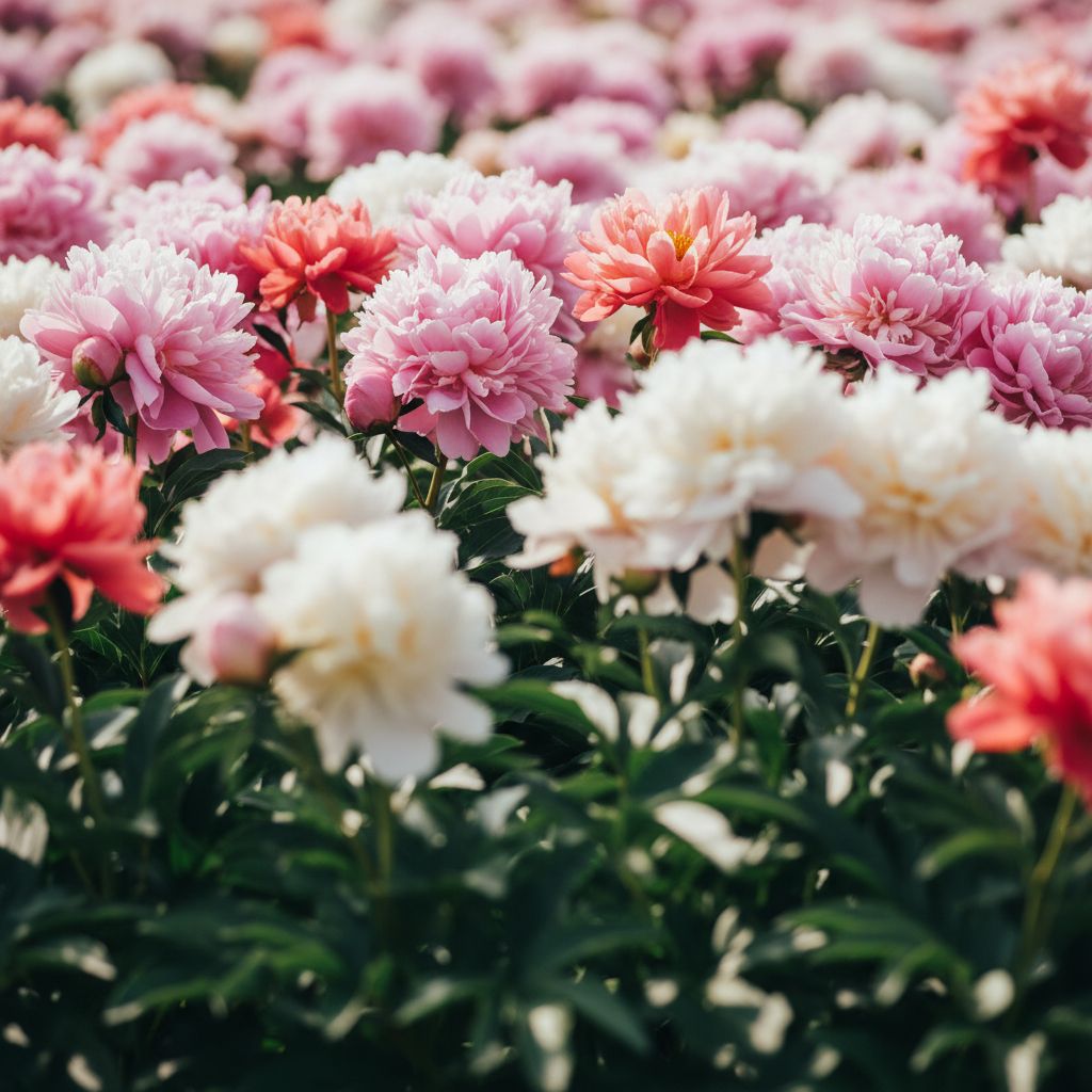 background of peonies, blooms are in top 1/3 of image 