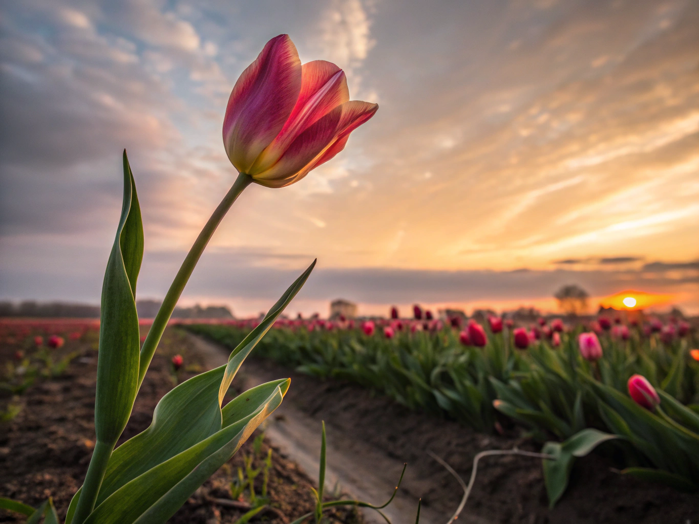A single beautiful tulip standing tall whose petals are in the top quarter of the tile for a social media post
