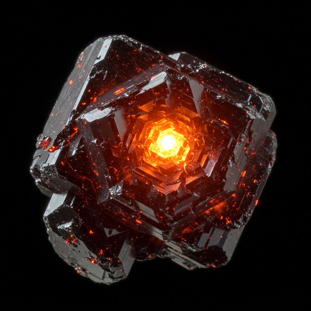 Огненный кристаллический монолит с острыми, полированными гранями, напоминающими расплавленное стекло. Ярко-оранжевый и алый оттенки с внутренним свечением. Объект возвышается над кипящей лавовой поверхностью, от которой разбрызгиваются искры. Темный фон усиливает контраст. Высокая детализация текстуры кристалла (стеклянная прозрачность, отражения света) и лавы (жидкая, пузырящаяся структура). Реалистичное освещение с акцентом на бликах от кристалла.