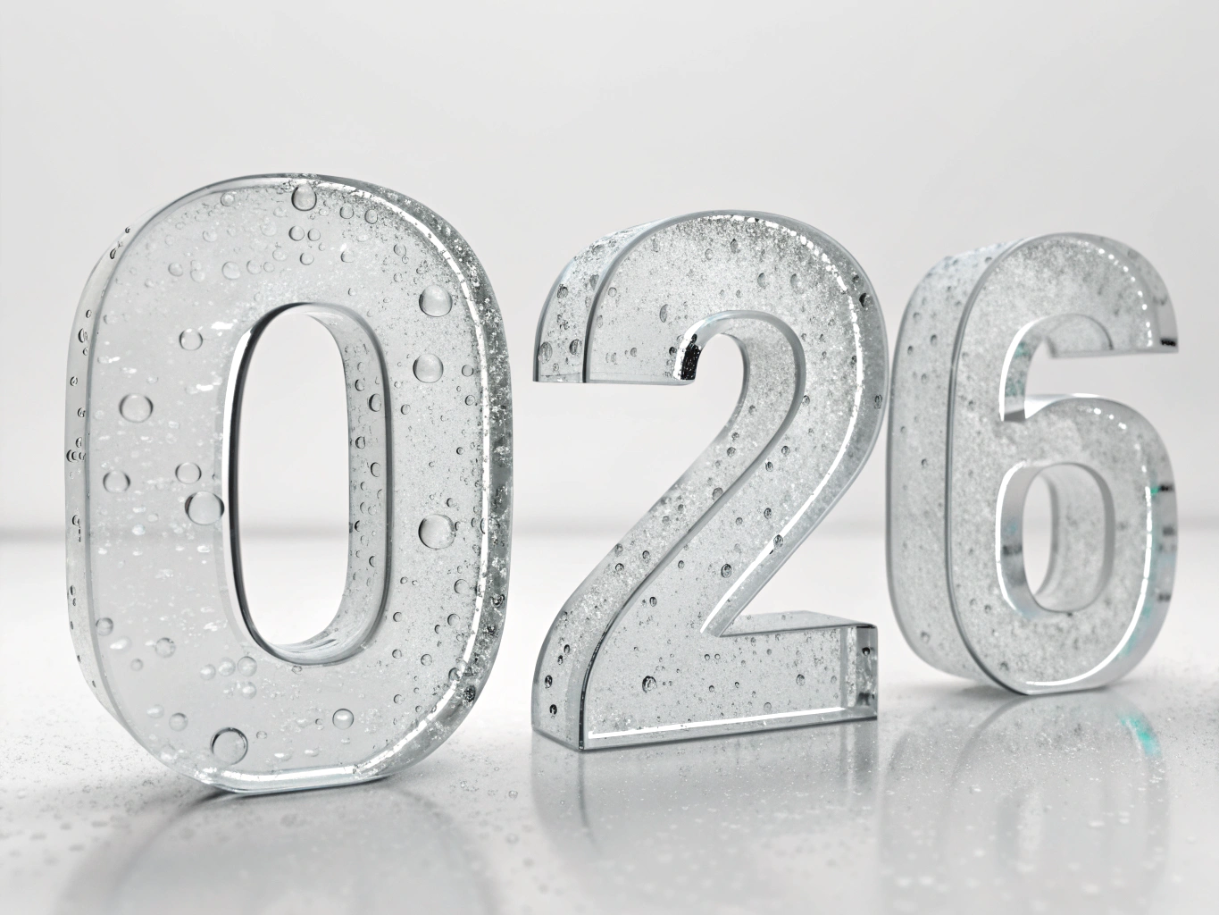 "The digits '026' rendered in 3D transparent plastic acrylic. Front view, clear texture, water-like clarity. Light passing through the edges. Minimalist design, isolated on a plain background, high definition, 3D software style."