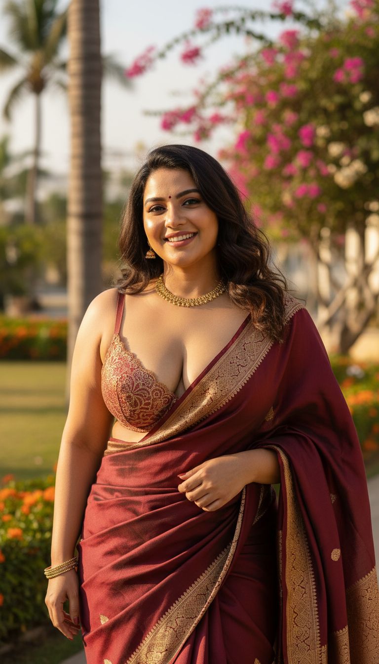 Hot Indian bhabhi with big boobs showing cleavage wearing bra and saree