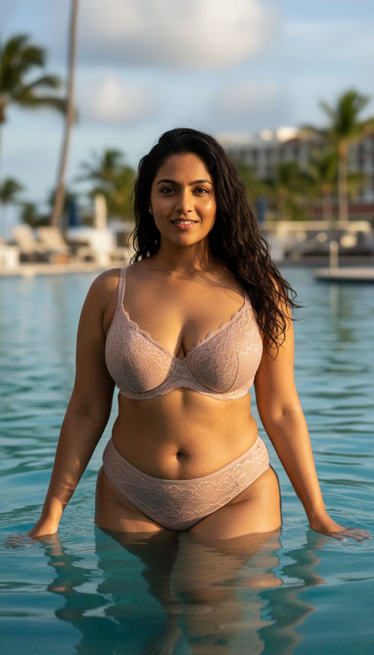 Hot Indian bhabhi with big boobs showing cleavage wearing bra and panty standing in a pool...her tummy is flat 
