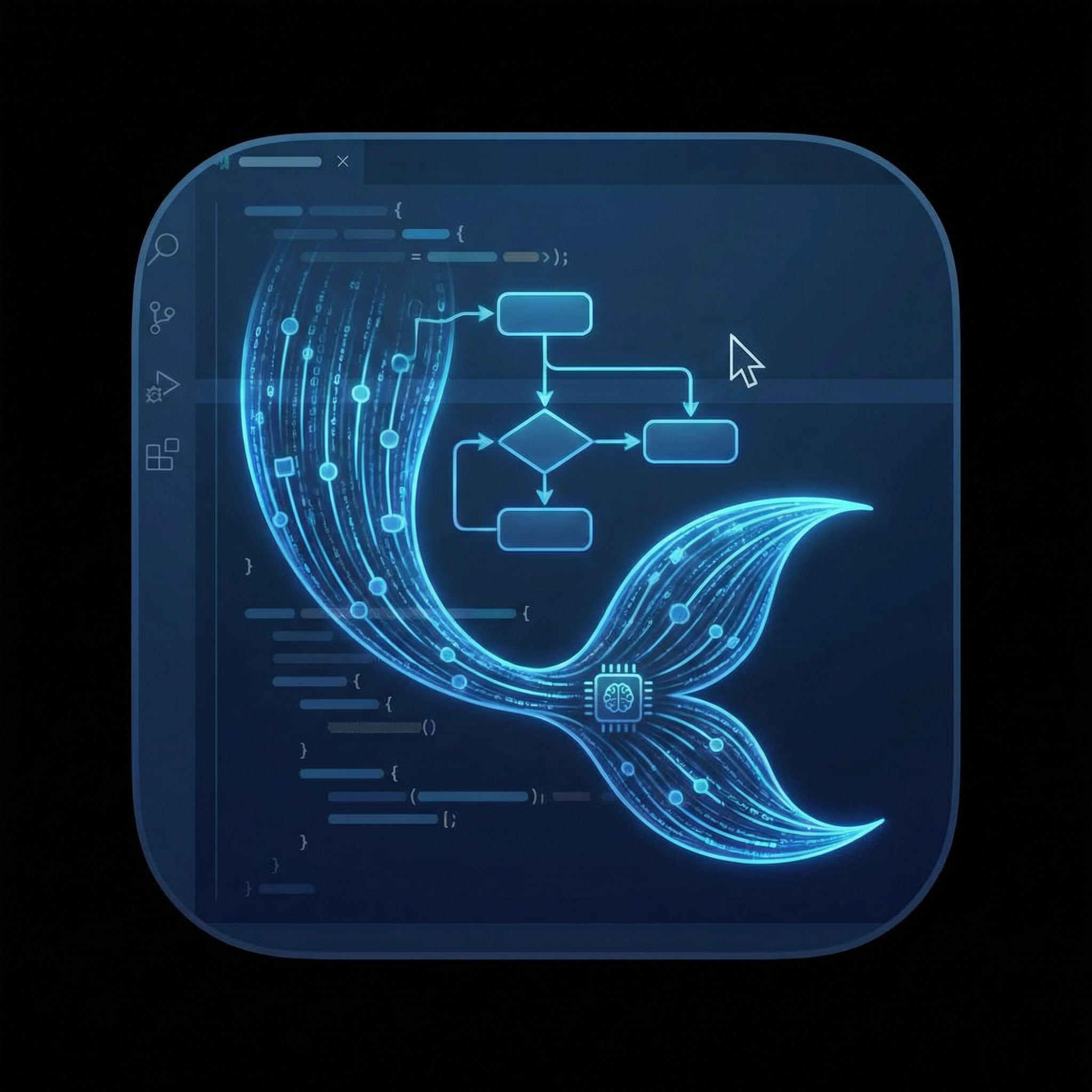 make a ios software icon for an app that draws mermaid diagrams for artificial intelligence software, dark blue IDE theme, black background