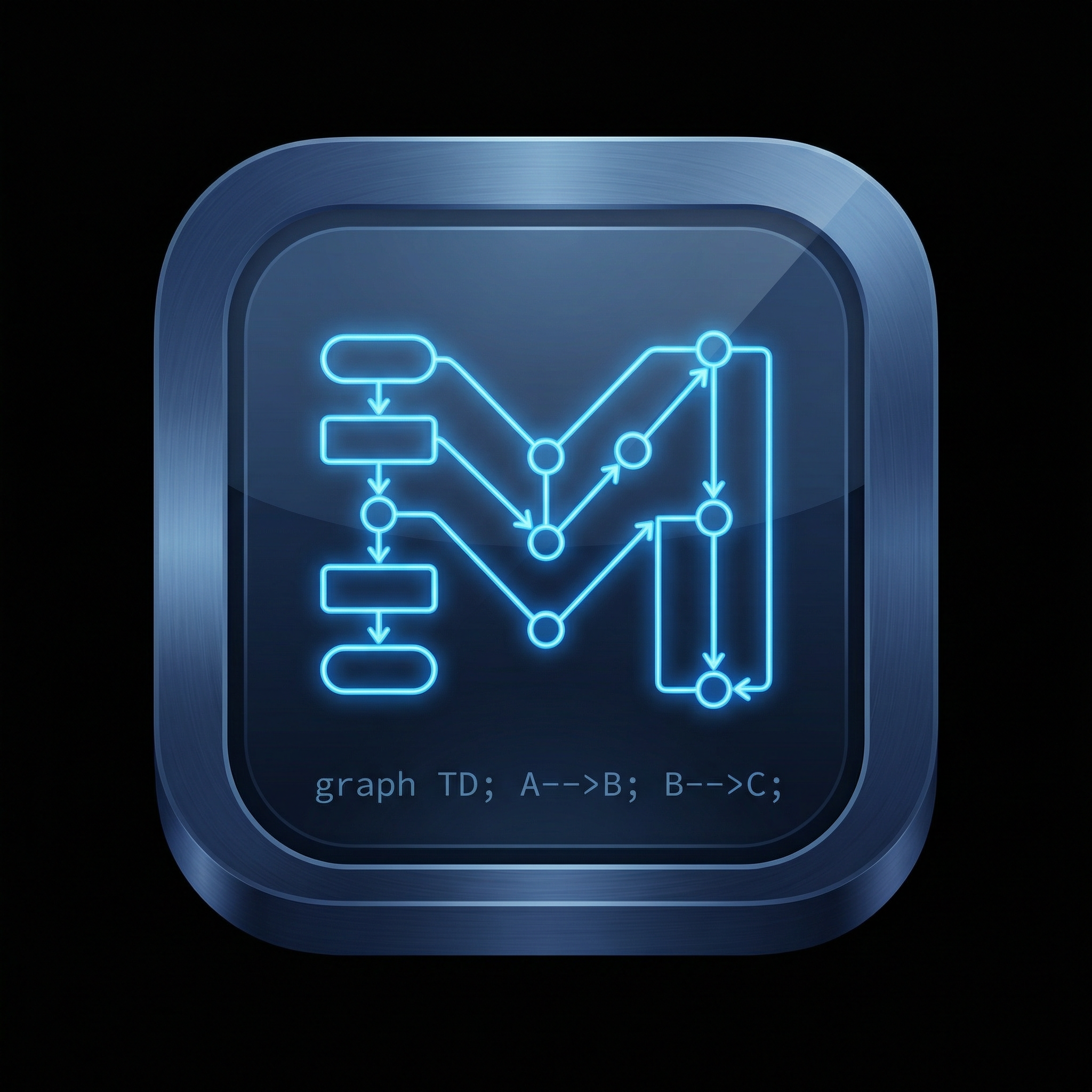 make a ios software icon for a diagram editor app that draws mermaid diagrams for software, dark blue IDE theme, black background