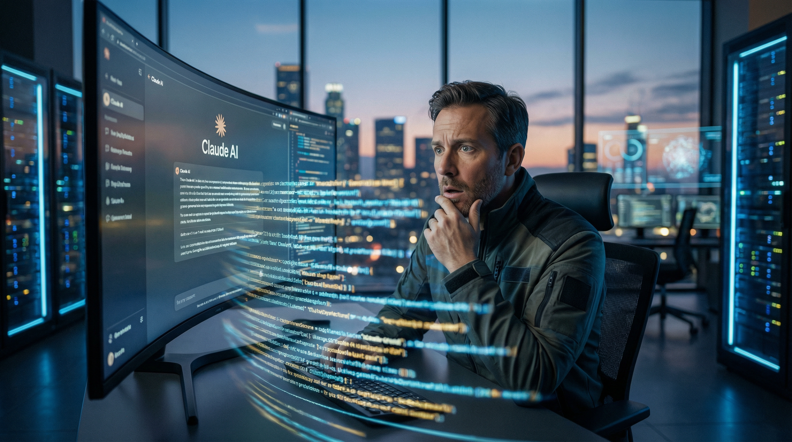 A cinematic, high-detail shot of a professional software engineer sitting in a futuristic office. On his large monitor, the "Claude AI" interface is visible, generating complex blocks of code in a blur of light. The engineer looks surprised and contemplative. High-tech atmosphere, bokeh background, 8k resolution, professional lighting.