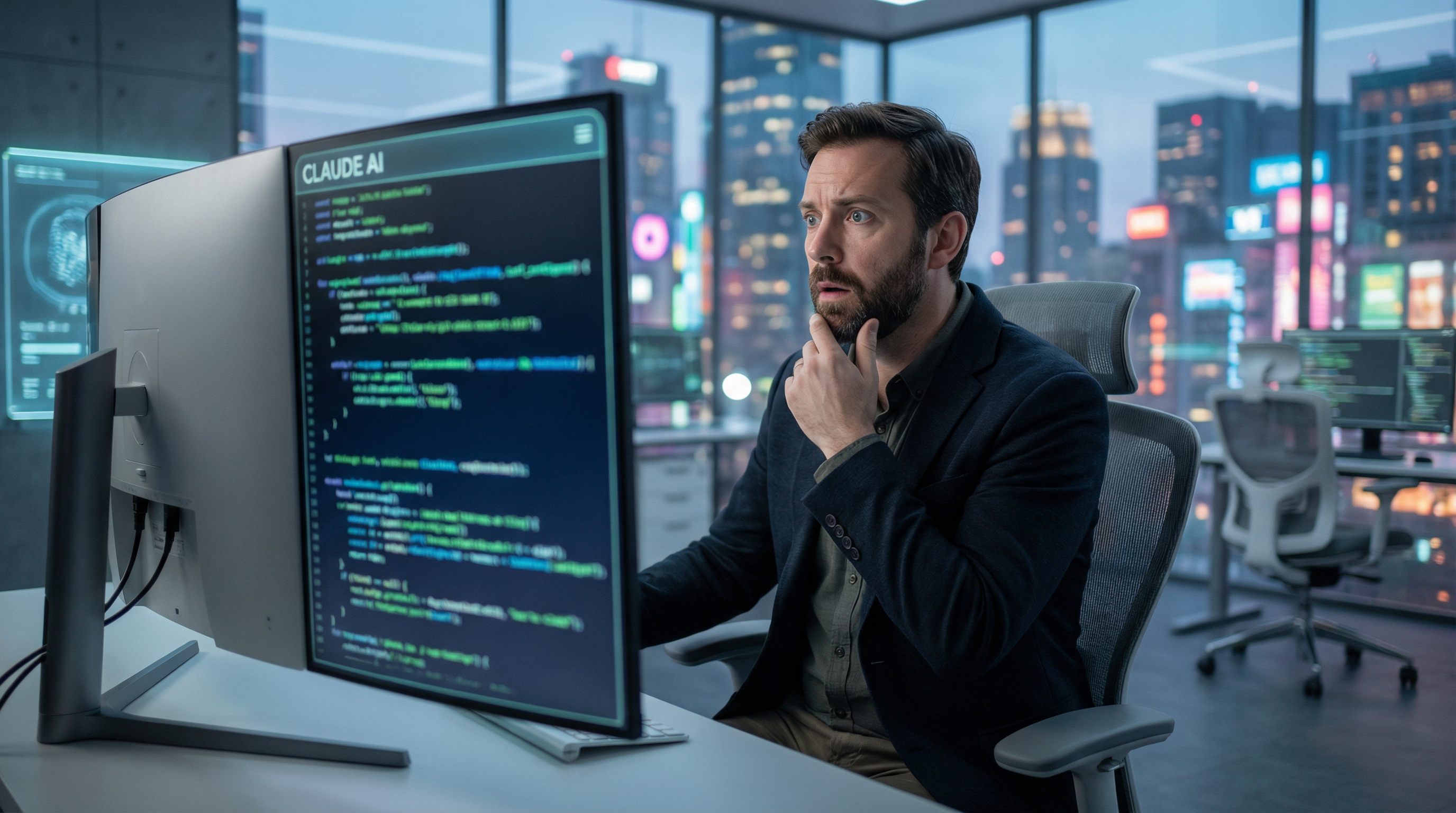 A cinematic, high-detail shot of a professional software engineer sitting in a futuristic office. On his large monitor, the "Claude AI" interface is visible, generating complex blocks of code in a blur of light. The engineer looks surprised and contemplative. High-tech atmosphere, bokeh background, 8k resolution, professional lighting.