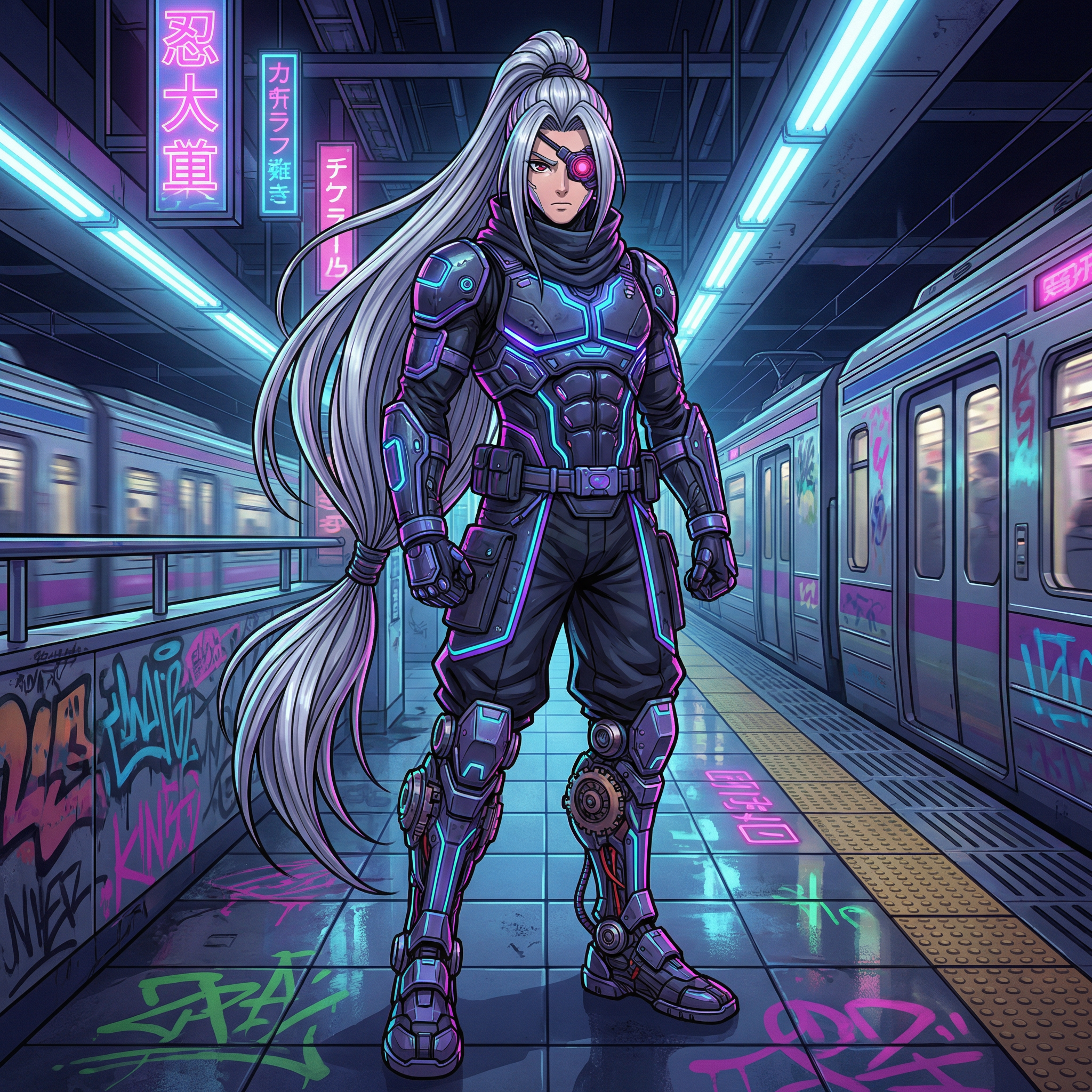Anime character with colorful hair and big eyesCybernetic samurai black evangelion_style,samurai,VFX,cyberneticssuit,cyberpunk,neon-lit accents,sharp winged eyeliner,glossy metallic lips,LED backlighting,gritty textures,night atmosphere,intricate details,