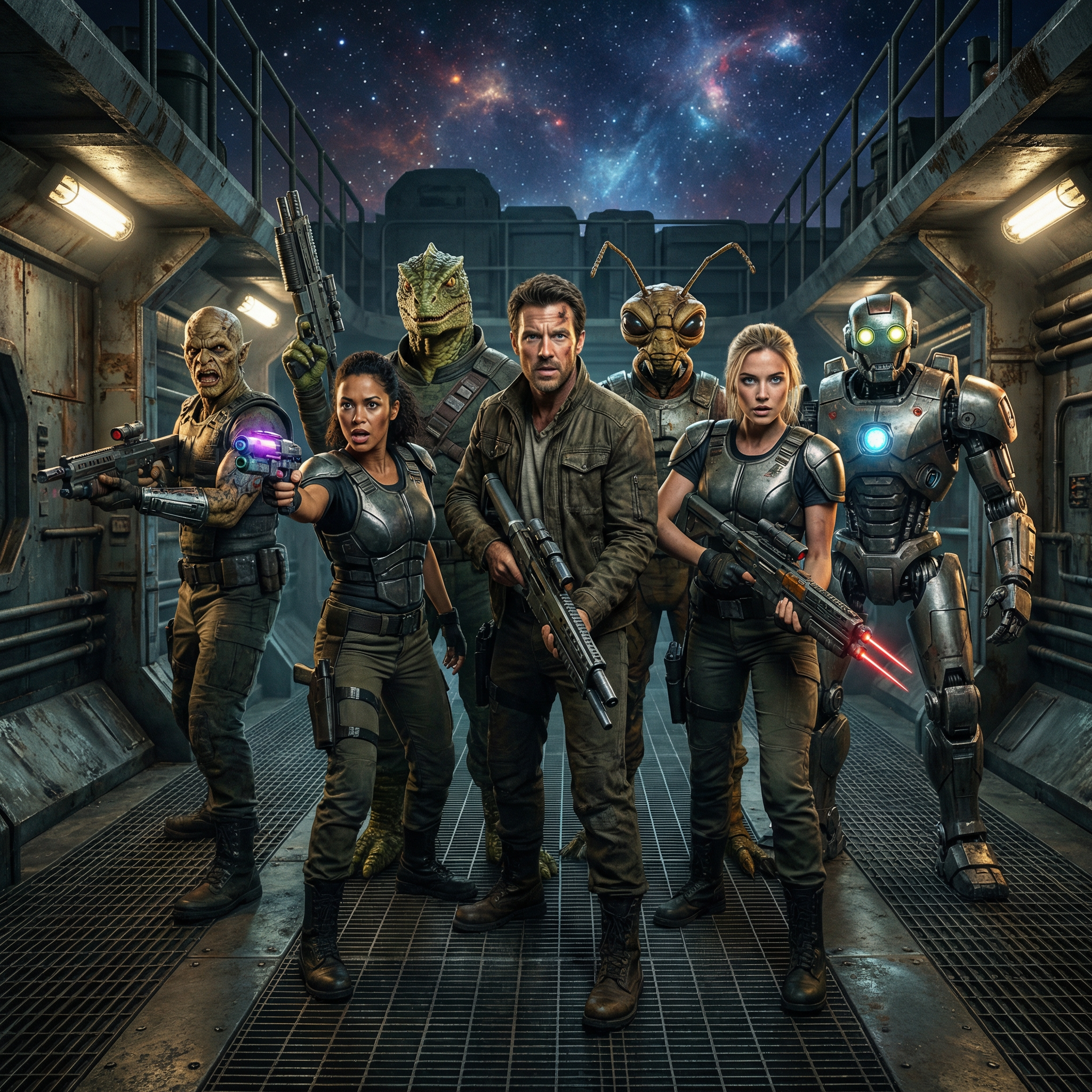 Space pirates 3 humans,2 females 1 male, 2 aliens, 2 cybernetic robots, full body, weapons drawn,(masterpiece),HDR, best quality, expressive eyes, perfect face(masterpiece), best quality, expressive eyes, perfect face