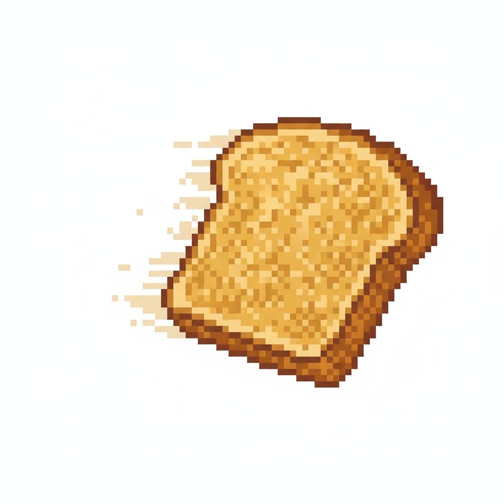 pixel art projectile, a slice of toasted bread with a crunchy brown texture, flying through the air with a slight spin, motion blur effect, white background, 16x16