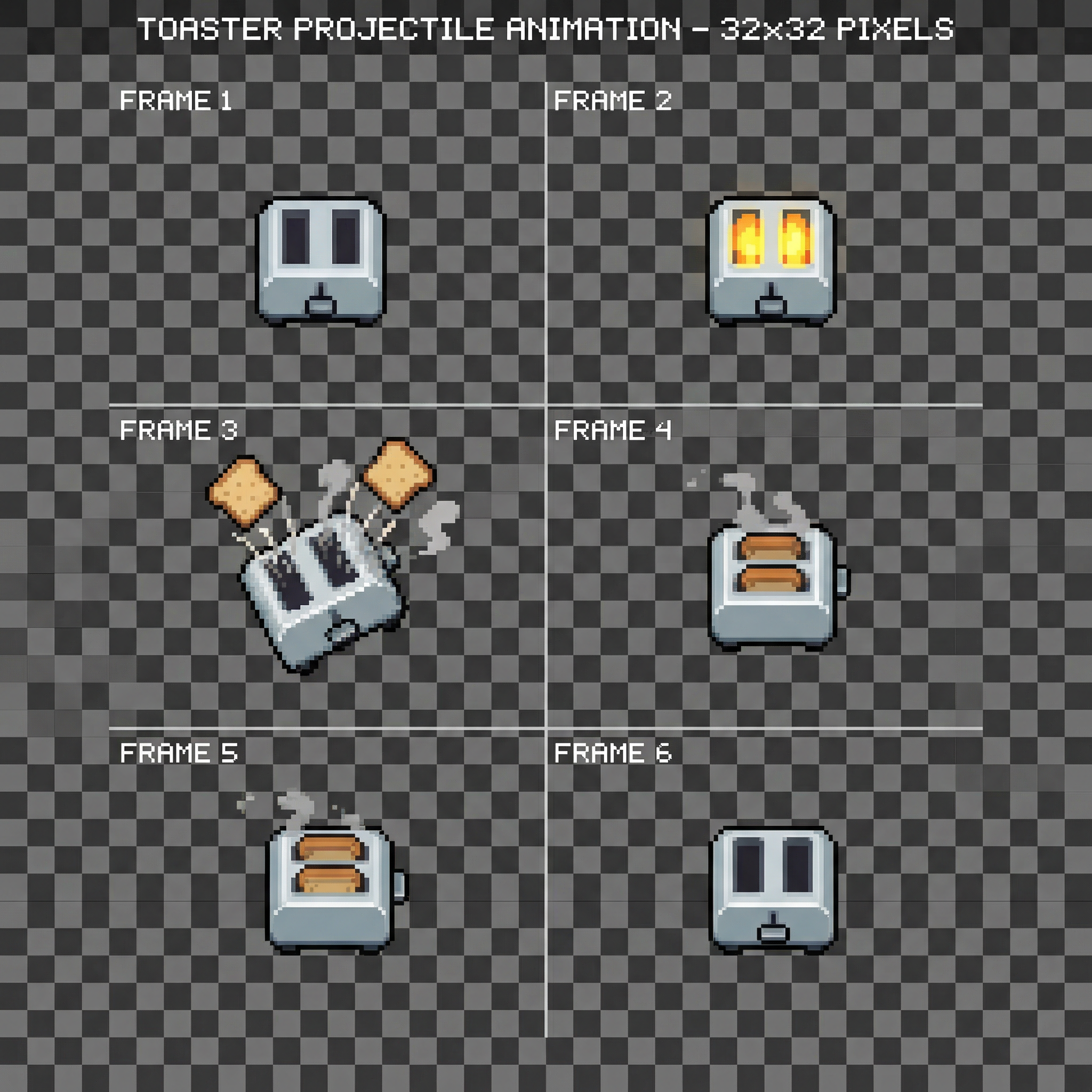 pixel art sprite sheet, 32x32, toaster firing toast projectile animation, 6 frames, top-down view. Frame sequence: 1-2: charging glow in bread slots, 3: toast launching out with recoil push-back, 4-5: recoil recovery, 6: return to idle. Show motion lines from toast, transparent background, grid layout, for a shoot 'em up game.