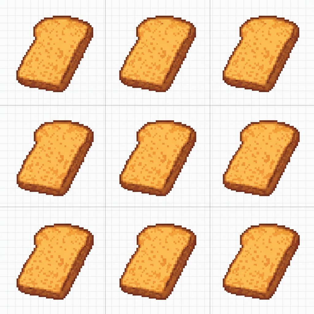 pixel art sprite sheet, 16x16, slice of toast projectile spinning animation, 6 frames, rotating in flight, side view, crispy texture, transparent background, grid layout, perfect for bullet hell game