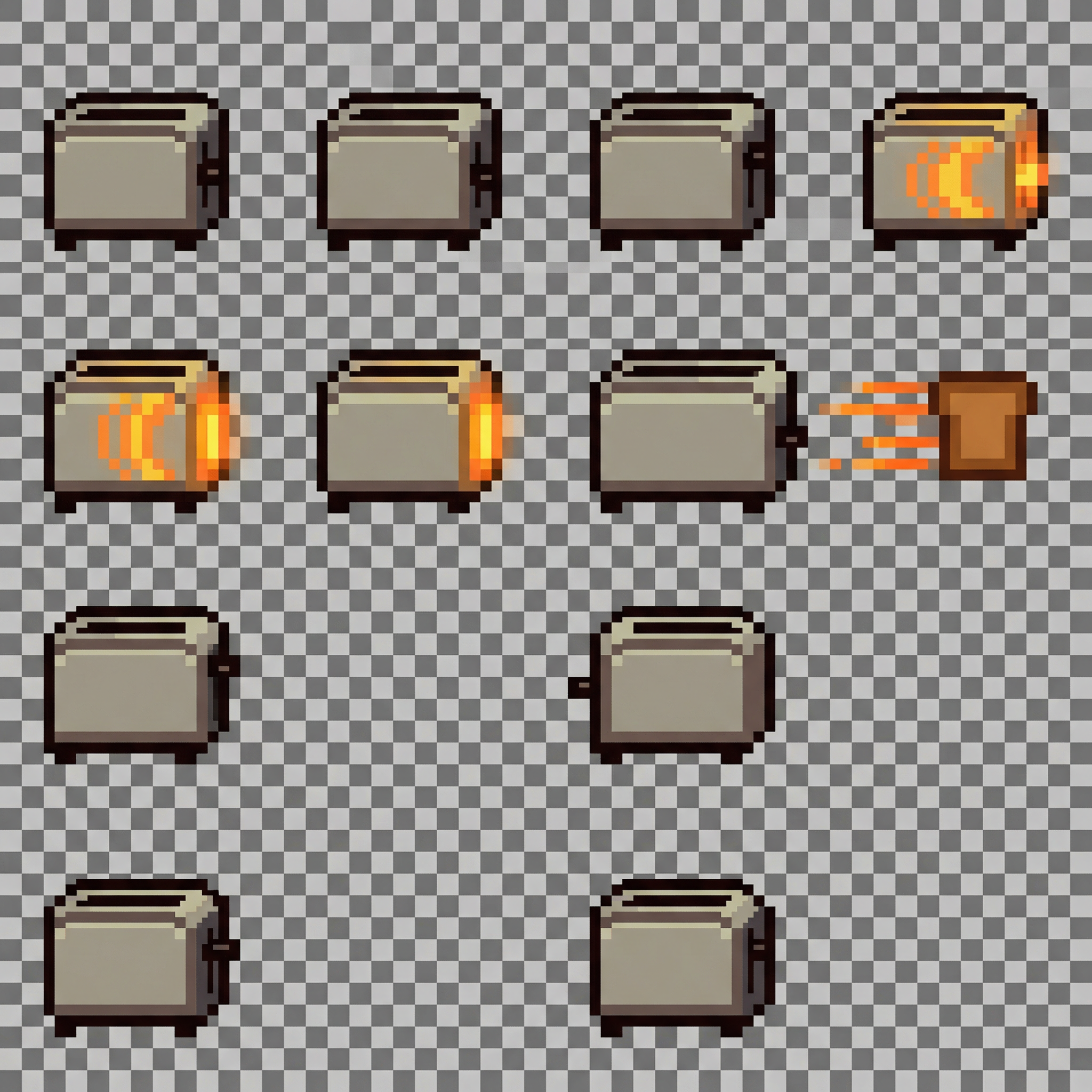 pixel art sprite sheet, side-view toaster weapon firing animation, 8 frames. Frame 1-2: toaster compresses downward like a spring loading. Frame 3-4: charging glow from the side slot. Frame 5: **toaster stretches forward** and toast is **ejected horizontally** with speed lines. Frame 6-7: recoil recovery. Frame 8: idle. Isolated on transparent background, grid layout, 32x32 pixels, sharp edges, no blur.