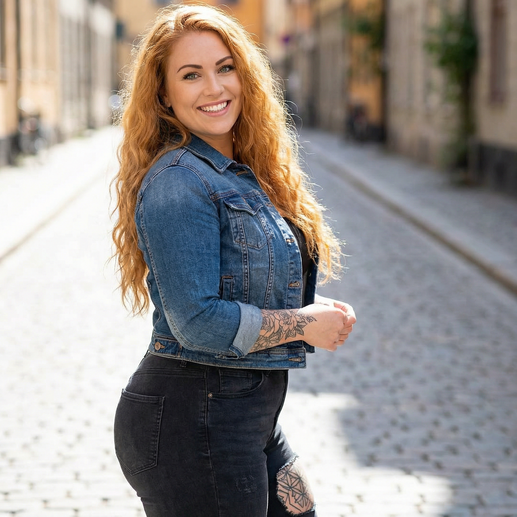 A photo realistic full body photo of a latina with long wavy ginger hair and green almond shaped eyes full lips and tattoos on thigh and arm with naturally curvaceous hourglass shape