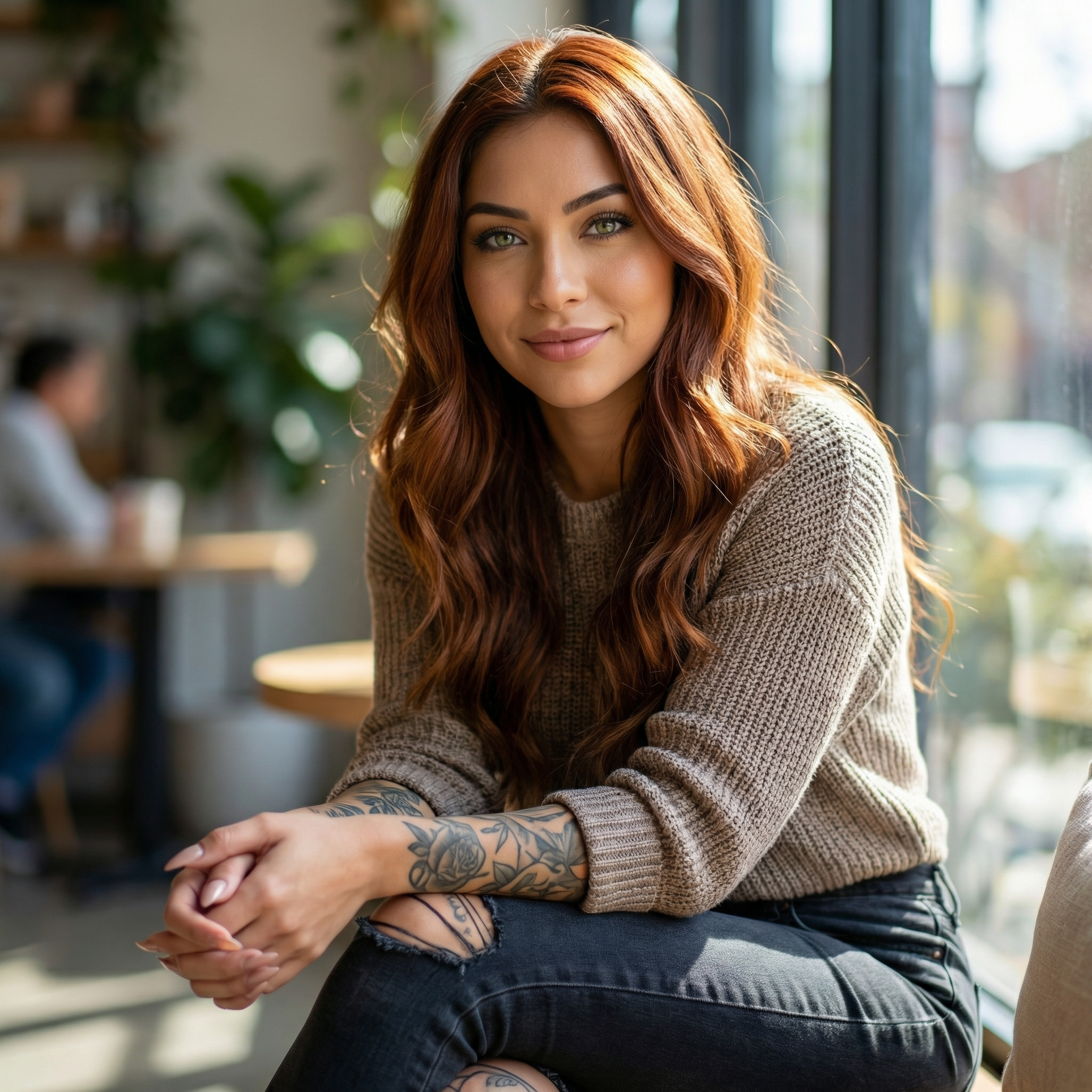 PROMPT 1 — PHOTOREALISTIC STYLE
A hyper-detailed photorealistic portrait of {a stunning 24-year-old Latina female, naturally curvaceous with an hourglass shape, long wavy ginger hair, green. Almond shaped eyes arched eyebrows, long eyelashes, and stiletto nails, full lips Warm, glowing skin tones, tattoos on arm and thigh shallow depth of field, impeccable facial clarity. ultra-high-resolution detail, crisp realism, lifelike textures, cinematic finish.