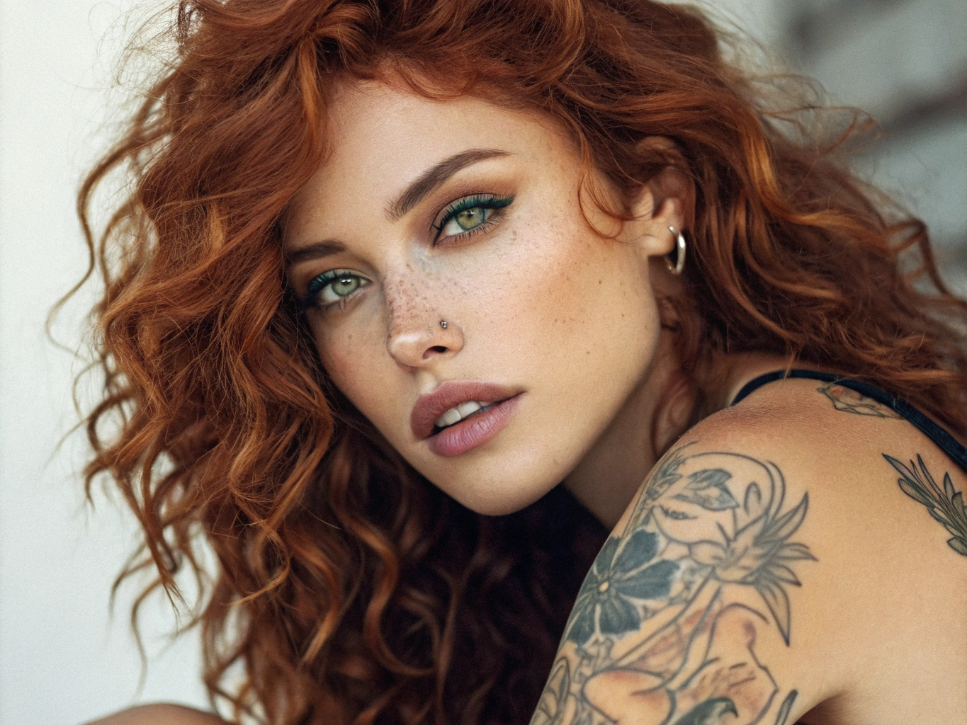 Portrait of a person with detailed lighting latina with wavy ginger hair and green almond shaped eyes full lips and tattoos on thigh and arm with naturally curvaceous hourglass shape