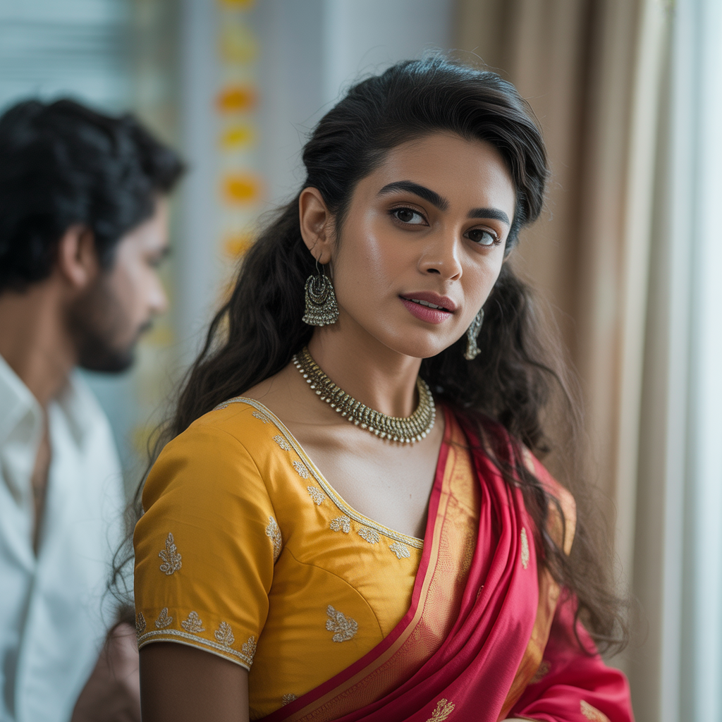 A beautiful Indian woman wearing a yellow embroidered blouse and red saree, soft natural lighting, cinematic portrait, realistic skin texture, long wavy hair, photoshoot mode nearby her boyfriend watching