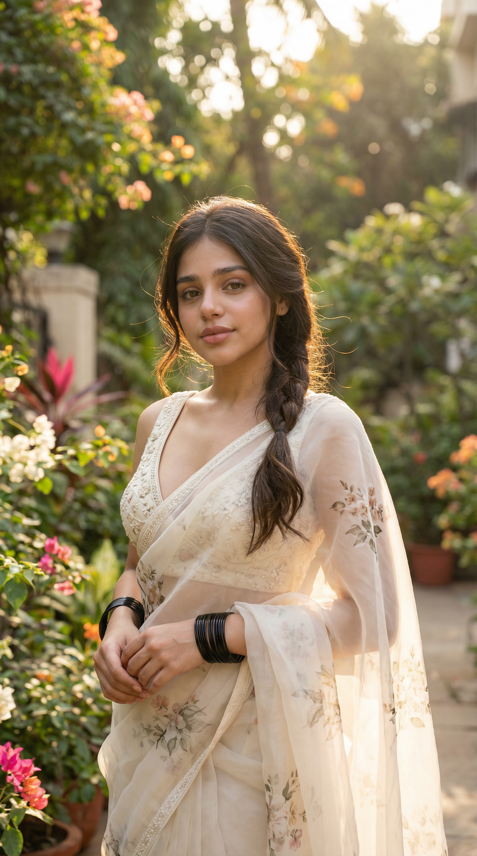 A realistic outdoor portrait of a young South Asian woman standing in a lush garden courtyard. She has fair warm-toned skin, soft natural makeup, and expressive brown eyes. Her long dark brown hair is styled in a loose side braid draped over her shoulder with wispy strands framing her face. She is wearing an elegant ivory-white sheer saree with a deep-neck embroidered blouse, subtle floral patterns, and a translucent drape across her waist. Black glass bangles on both wrists.
She stands facing the camera with a gentle neutral expression and slightly tilted head, hands loosely clasped near her waist. Natural body proportions, soft feminine curves, realistic skin texture.
Background: blurred greenery, flowering plants, and a residential garden setting with warm afternoon sunlight filtering through trees (bokeh effect).
Lighting: soft natural daylight, warm tones, shallow depth of field, cinematic portrait lighting.
Camera: DSLR, 85mm lens, f/1.8, ultra-sharp focus on face, creamy background blur.
Style: photorealistic, high-resolution, natural colors, soft contrast, professional portrait photography.
Mood: calm, graceful, elegant, intimate outdoor portra