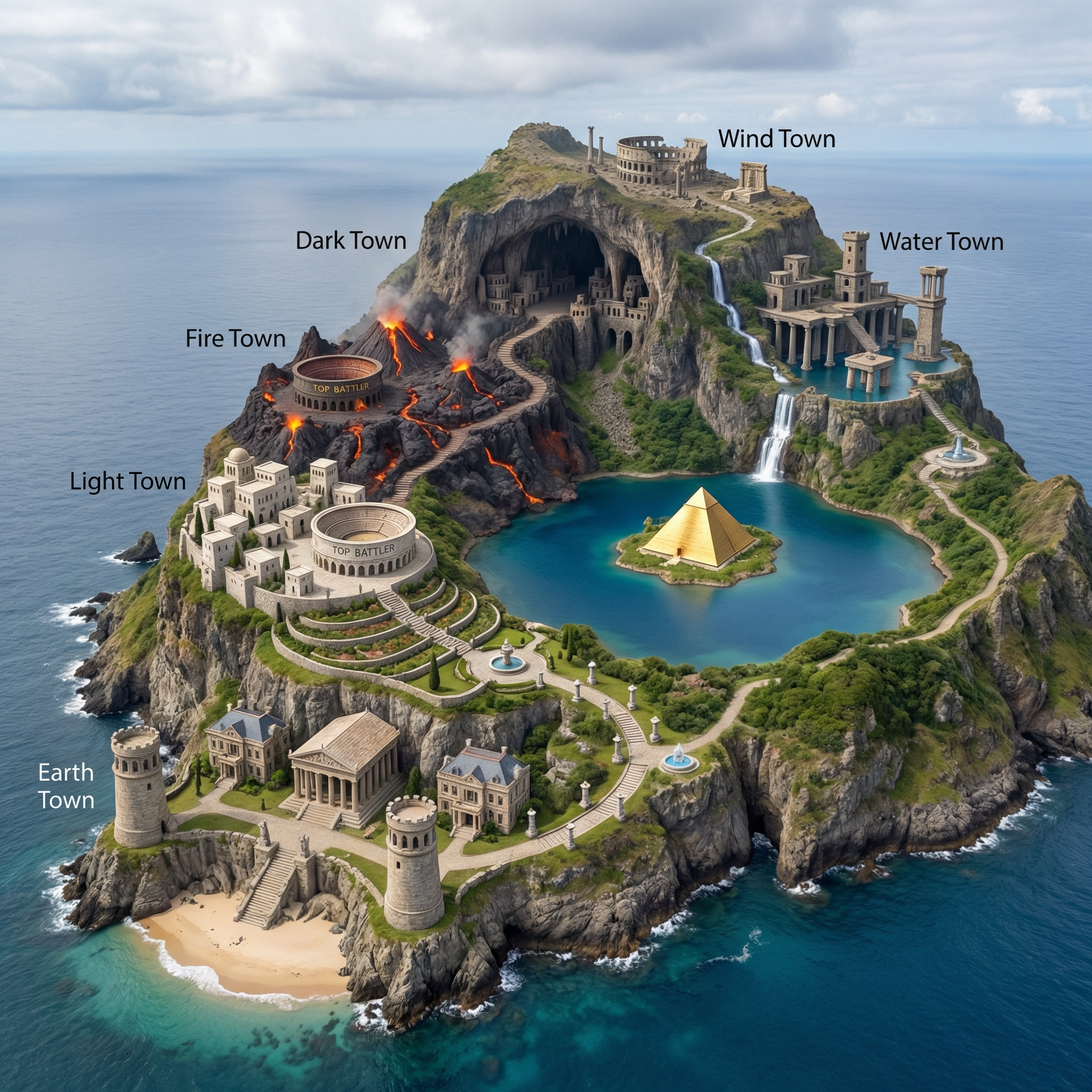 I want a realistic Fully detailed island with 6 towns on it,I want a lake in the center of the island with another island im the middle of that lake with a golden egyptian pyramid on it in want the outter island to spiral upwards around the lake leads into a massive cliff that over looks the starting point,the starting point the lowest part of the island on the left the lake with the island and pyramid,on the right beach,ocean here sits earth town a small town carved from stone carved in the cliff side youll see 2 spiral roman style towers the is carved right up the cliff on both sides with a roman temple carved in the middle on land youll see 2 roman/tartarian mansions looks carved by angels that sit in a perfect line up with eqch tower with two more buildings a store and laboratory all carved from stone,now we're gonna work our way up the island, with one of those beautiful tartarian parks/massive garden up hill path with 3 fountain and beautiful stone path with old world street lights/lamps that leads to light town a town carved from white stone with 5 roman/tartarian houses with a coliseum in the middle at the end that say top battler at the top,another up hill path/garden with beautiful paths with angel statutes and fountains that leads to fire town a whole town carved from dark lava rock that build right on a active lava feild 6 old world buildings and a path leading to each building with a coliseum at the end that say top battler on it,then a steep trail that leads to a massive cave in it is dark town a whole town carved into massive cave there 4 ground level buildings thats reachable but you can see building on the walls all the way up to the roof,entrance you see 2 buildings behind that a big park with a coliseum in the back with 2 more buildings and a Crack in the caves wall behind the colocem,behind the cave there a beautiful up hill hiking trail with waterfalls rivers that leads to water town a massive foundation carved from stone with roman pillars as legs holding up 3 platform with massive towers and buildings big fountain s and in the middle stands the colocem then there's a off ramp leading to an plack/memorial cant really make out what anything says on it but behind it lays nothing but ruins this is wind town ruins almost to the end of the island youll come across the coliseum the only thing standing here in wind town he hind it a few ancient egyptian hieroglyphs stone peices thats from the fully exposed alter that clearly shows and displays and ancient egyptian carvings of an stairway leading to the clouds