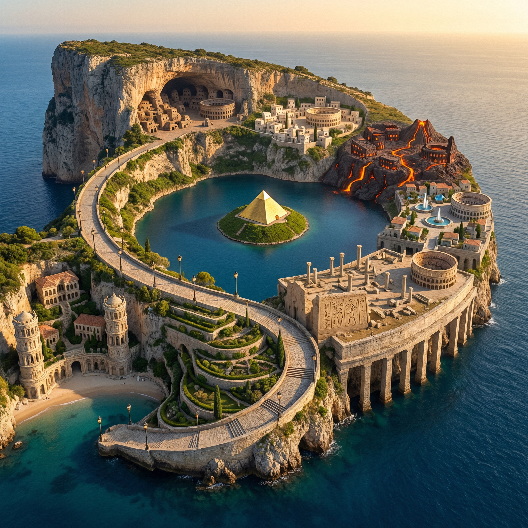 I want a realistic Fully detailed island with 6 towns on it,I want a lake in the center of the island with another island im the middle of that lake with a golden egyptian pyramid on it in want the outter island to spiral upwards around the lake leads into a massive cliff that over looks the starting point,the starting point the lowest part of the island on the left the lake with the island and pyramid,on the right beach,ocean here sits earth town a small town carved from stone carved in the cliff side youll see 2 spiral roman style towers the is carved right up the cliff on both sides with a roman temple carved in the middle on land youll see 2 roman/tartarian mansions looks carved by angels that sit in a perfect line up with eqch tower with two more buildings a store and laboratory all carved from stone,now we're gonna work our way up the island, with one of those beautiful tartarian parks/massive garden up hill path with 3 fountain and beautiful stone path with old world street lights/lamps that leads to light town a town carved from white stone with 5 roman/tartarian houses with a coliseum in the middle at the end that say top battler at the top,another up hill path/garden with beautiful paths with angel statutes and fountains that leads to fire town a whole town carved from dark lava rock that build right on a active lava feild 6 old world buildings and a path leading to each building with a coliseum at the end that say top battler on it,then a steep trail that leads to a massive cave in it is dark town a whole town carved into massive cave there 4 ground level buildings thats reachable but you can see building on the walls all the way up to the roof,entrance you see 2 buildings behind that a big park with a coliseum in the back with 2 more buildings and a Crack in the caves wall behind the colocem,behind the cave there a beautiful up hill hiking trail with waterfalls rivers that leads to water town a massive foundation carved from stone with roman pillars as legs holding up 3 platform with massive towers and buildings big fountain s and in the middle stands the colocem then there's a off ramp leading to an plack/memorial cant really make out what anything says on it but behind it lays nothing but ruins this is wind town ruins almost to the end of the island youll come across the coliseum the only thing standing here in wind town he hind it a few ancient egyptian hieroglyphs stone peices thats from the fully exposed alter that clearly shows and displays and ancient egyptian carvings of an stairway leading to the clouds i want all buildings to look like the white house and other government buildings and the island to be a perfect circle that gets higher in elevation ending with a cliff