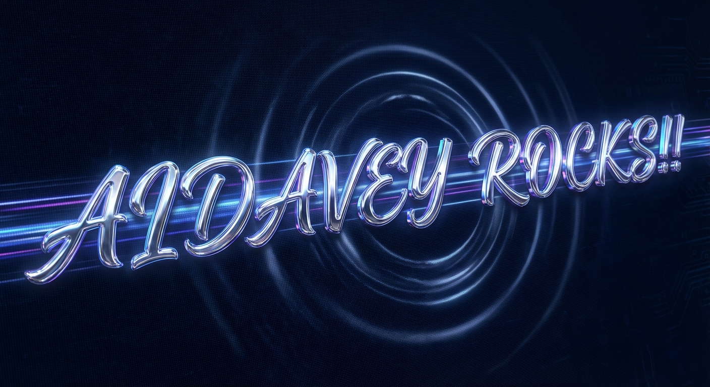 A dynamic, vibrant scrolling banner text, "AIDAVEY ROCKS!!", rendered in exquisite, brilliant chrome calligraphy, gracefully sweeps across a rich, velvety midnight blue digital canvas. The lettering exhibits a luminous, ethereal glow, with subtle, shimmering silver highlights tracing the elegant curves of each stroke, creating a sense of depth and opulence. The text's movement is fluid and continuous, suggesting an endless, captivating flow. Subtle, concentric ripples of light emanate from the banner's path, subtly illuminating the surrounding darkness. The composition is a tight, central focus on the scrolling text, emphasizing its prominence and impact. The lighting is dramatic and internal, emanating from the text itself, casting soft, ambient reflections. Texture is paramount, with the calligraphy possessing a tangible, almost sculpted quality, contrasting with the smooth, deep void of the background. The atmosphere is celebratory and electrifying, radiating an energetic and enthusiastic mood, akin to a digital fireworks display. The style blends modern digital art with classic calligraphic elegance, evoking a feeling of sophisticated exuberance and technological marvel.