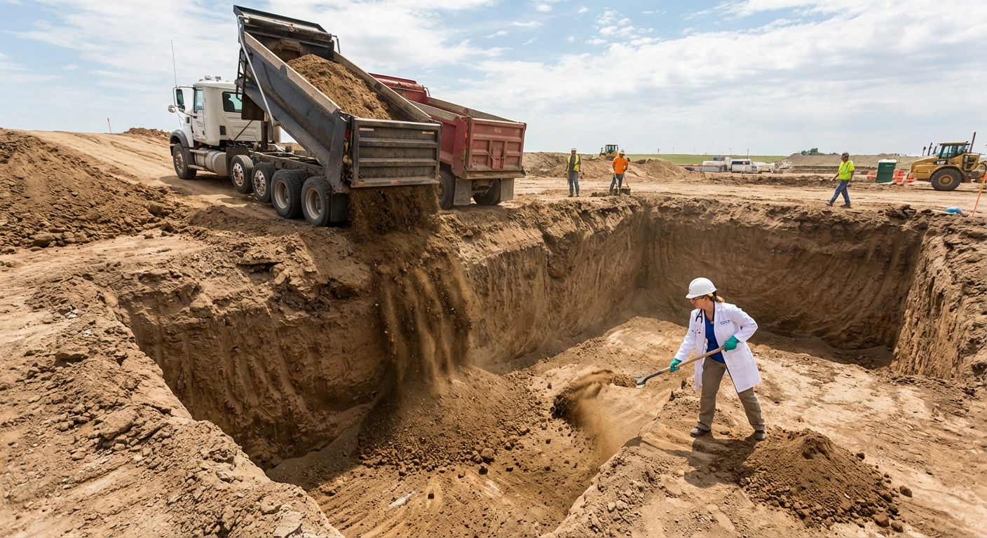 trucks driving up and dropping dirt into the hole, and the lady doctor at the bottom attempting to shovel dirt high out of the hole