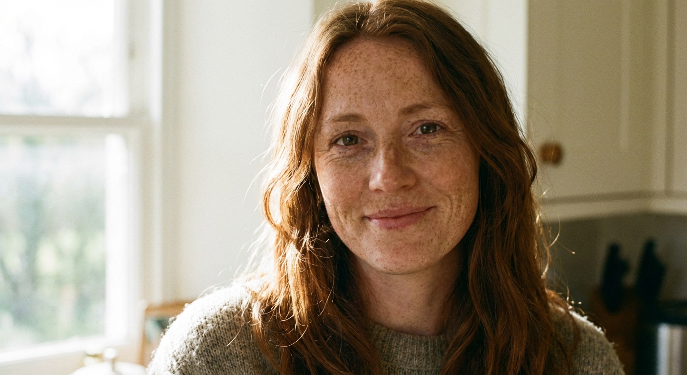 Photorealistic portrait of a woman with freckles in natural light