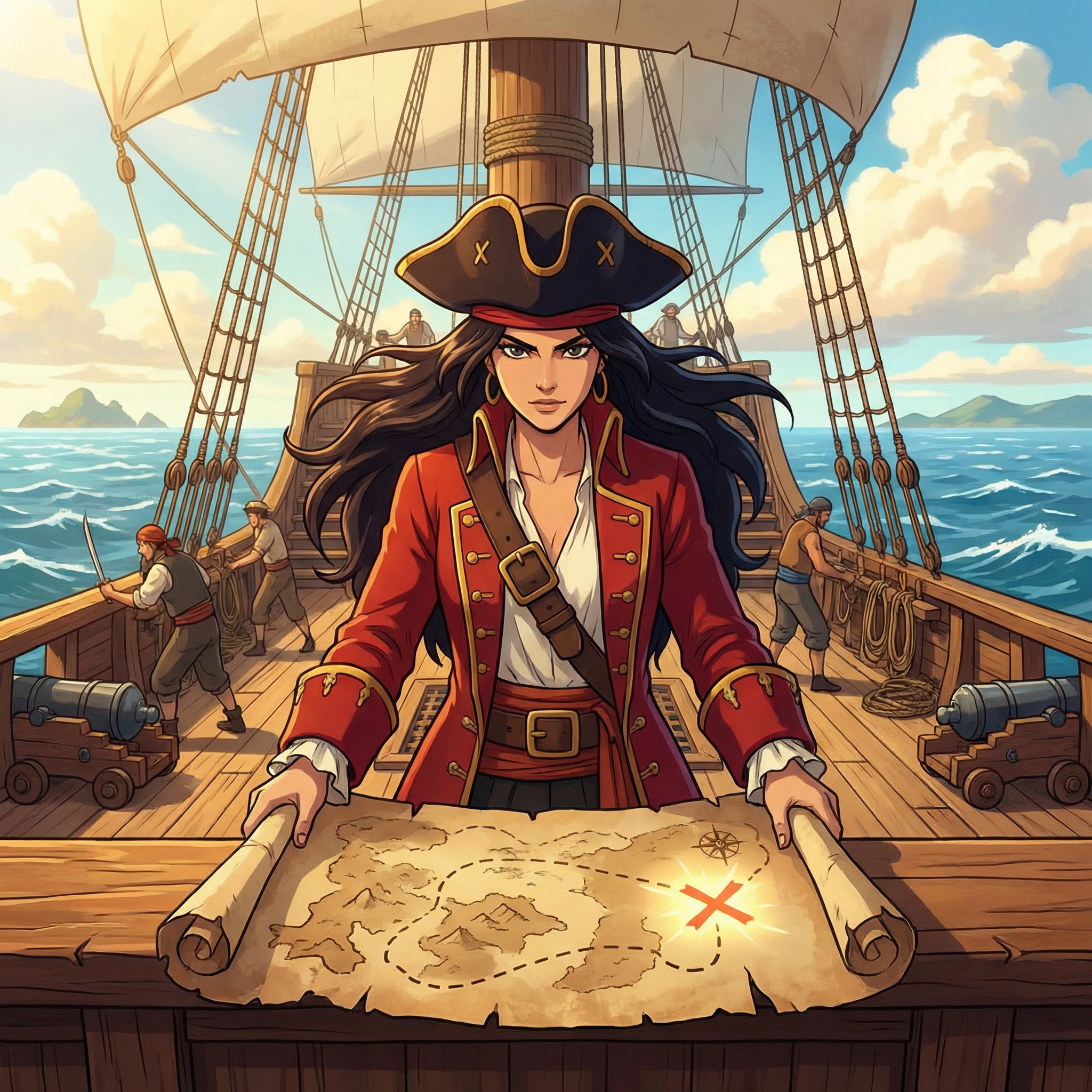 Anime-style depiction of a pirate captain on a ship, with a treasure map and the open sea, adventure aesthetic, detailed ship