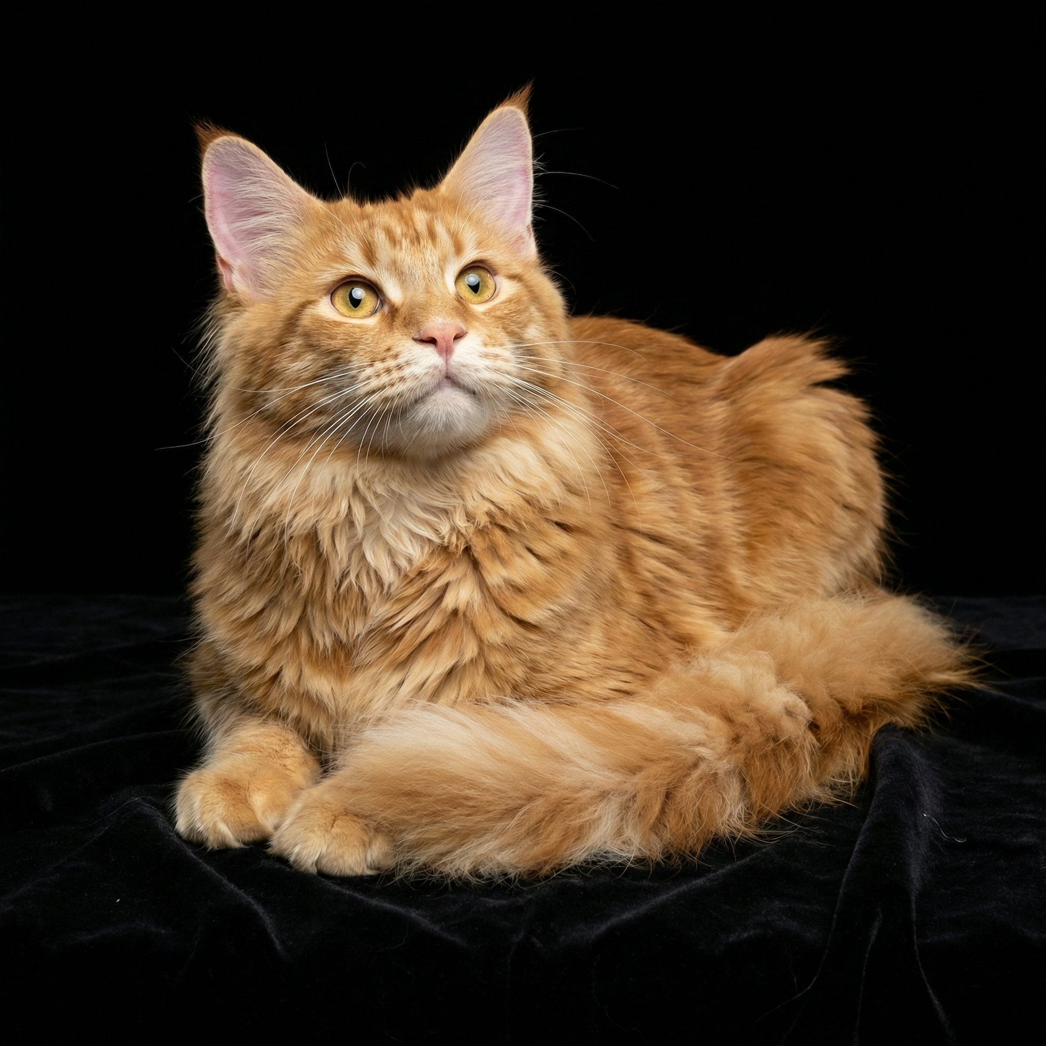 This is a high-quality photograph of a long-haired, orange tabby cat with a regal and contemplative demeanor. The cat is lying down on a dark, black fabric background that contrasts with its vibrant, warm fur. The cat's fur is lush and fluffy, with a mix of light and dark orange hues, and it has a prominent, bushy tail that rests on the ground. Its ears are large and pointed, with a slight pinkish tint inside, and its golden-yellow eyes are wide open, gazing upward with a thoughtful expression. The cat's whiskers are long and white, adding to its dignified appearance. The texture of the fur is soft and slightly wavy, with some strands standing out, giving it a dynamic and lively feel. The lighting is soft and even, highlighting the cat's fur and giving it a gentle glow. The background is completely black, ensuring that the cat is the focal point of the image. The overall composition is elegant and serene, capturing the cat's calm and introspective nature.