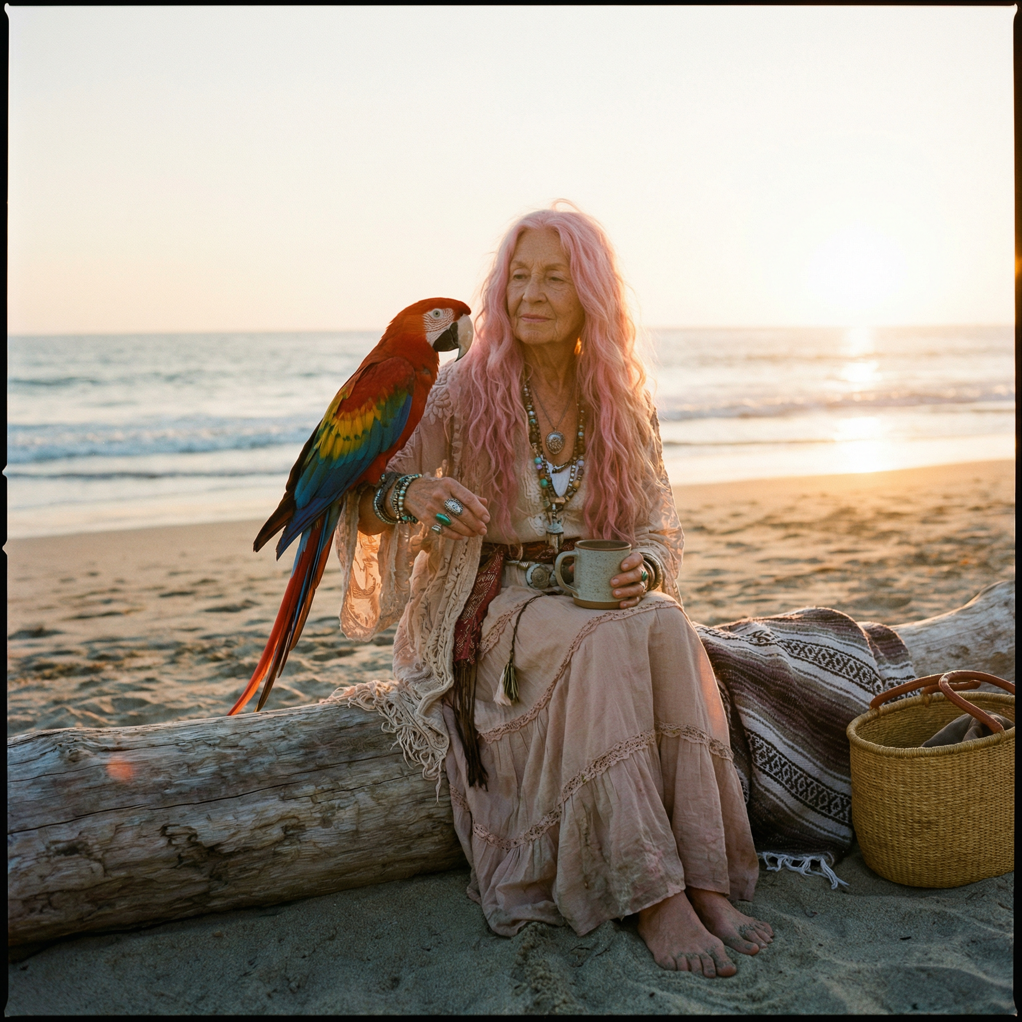 An old lady with long pink hair dressed boho sitting on the beach with her bird