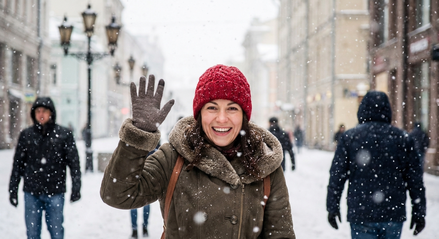 waving as snow falls
