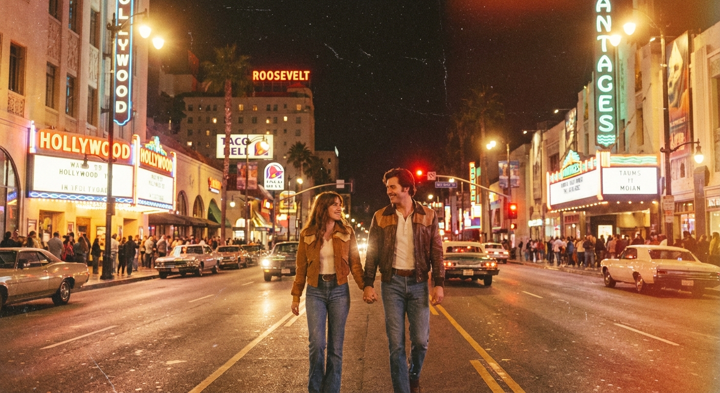 用顆粒感和懷舊濾鏡增強商店的霓虹燈和夜生活氛圍,同時保留這對情侶在洛杉磯好萊塢大道上夜間行走的畫面。