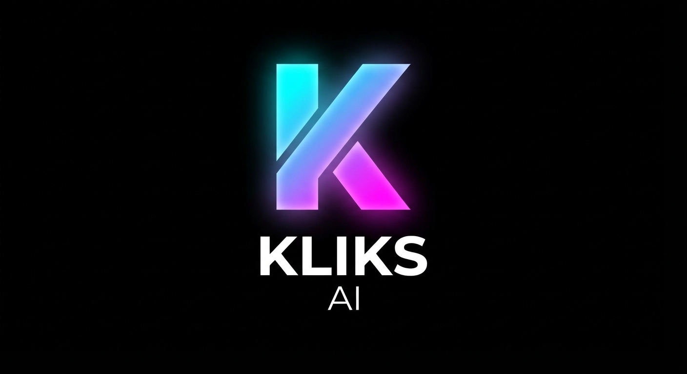 Minimalist lettermark logo for a modern AI startup called “KLIKS AI”, bold capital letter “K” with diagonal cut, smooth neon gradient from cyan to magenta, subtle outer glow on a deep black background. “KLIKS” in clean bold sans-serif, “AI” below in smaller weight, perfectly aligned, flat vector style, suitable for app icon and branding, high resolution.