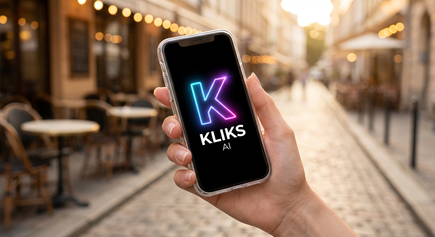 Ultra-realistic photo, close-up shot of a hand holding a sleek smartphone with a transparent case on a cozy European street café background, soft bokeh, golden hour lighting. On the screen, a futuristic lettermark logo: glowing neon gradient “K” in electric blue and magenta, subtle light bloom, on pure black background. Under the letter, the word “KLIKS” in bold geometric sans-serif, “AI” below in smaller light weight, perfectly centered, high contrast, minimalistic tech aesthetic, 4k, crisp details.