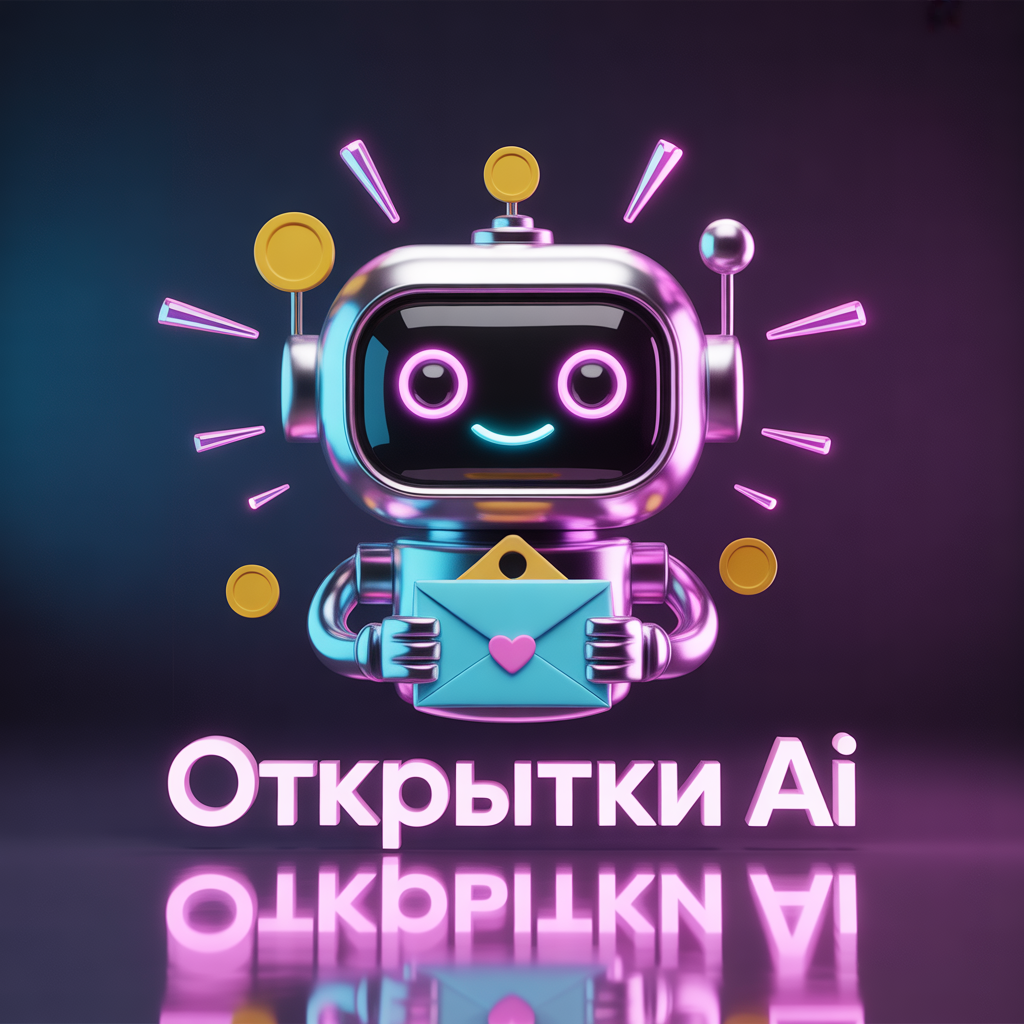 Modern minimalist logo desig3D neon mascot logo for a greeting-cards bot: a friendly glossy robot holding a shiny greeting bag/envelope with a small heart, dynamic neon rim lighting, chrome reflections, glowing electric sparks, gold coin/payment token accents, dramatic depth of field, vibrant cyberpunk palette (violet → pink → cyan) with gold highlights, bold rounded wordmark "Открытки AI" placed below the mascot, strong silhouette for favicon readability, highly detailed, cinematic studio lighting, centered composition, transparent background, vector-friendly output --ar 1:1 --v 5 --quality 2n for a tech startup