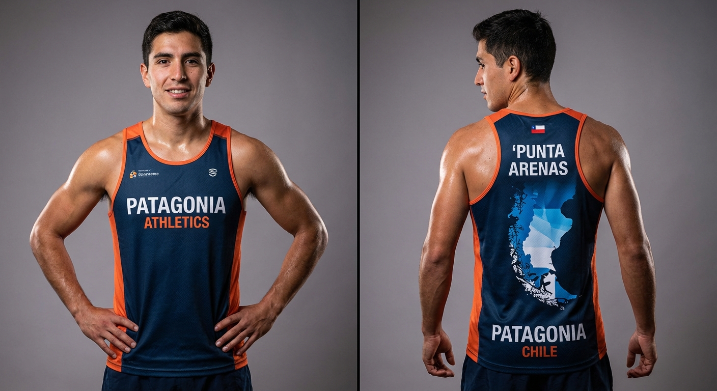 Photorealistic image of a fit male athlete posing with an elite competition running singlet. Show both front view and back view side by side. The singlet has the text ‘PUNTA ARENAS’ on the upper back, a stylized Patagonia map graphic on the back center, and ‘PATAGONIA CHILE’ at the bottom back. Studio lighting, realistic athletic fabric, contrast colors, professional sports photography style, high detail.”