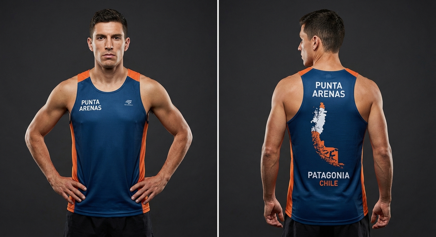 Photorealistic image of a fit male athlete posing with an elite competition running singlet. Show both front view and back view side by side. The singlet has the text ‘PUNTA ARENAS’ on the upper back, a stylized Patagonia map graphic on the back center, and ‘PATAGONIA CHILE’ at the bottom back. Studio lighting, realistic athletic fabric, contrast colors, professional sports photography style, high detail.”