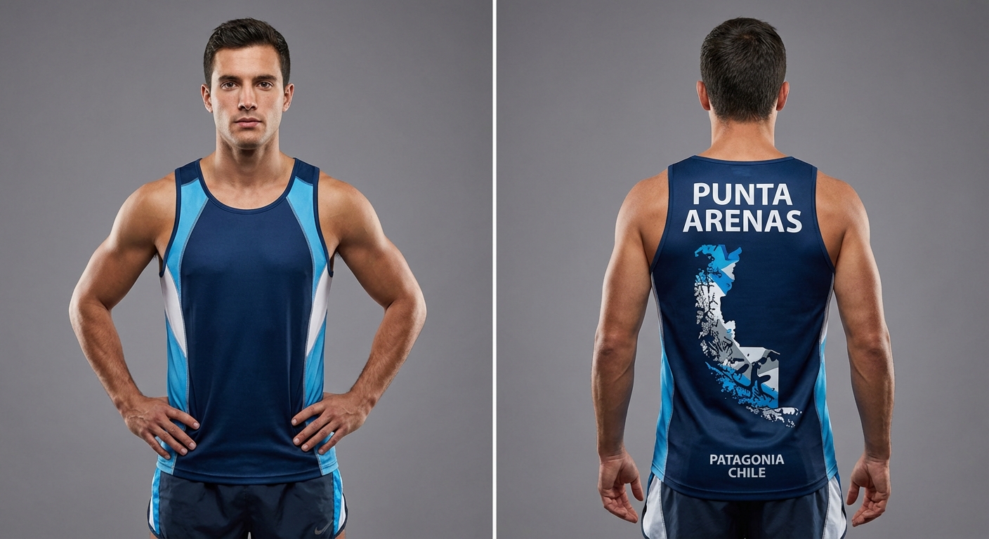 Photorealistic image of a fit male athlete posing with an elite competition running singlet. Show both front view and back view side by side. The singlet has the text ‘PUNTA ARENAS’ on the upper back, a stylized Patagonia map graphic on the back center, and ‘PATAGONIA CHILE’ at the bottom back. Studio lighting, realistic athletic fabric, contrast colors, professional sports photography style, high detail.”