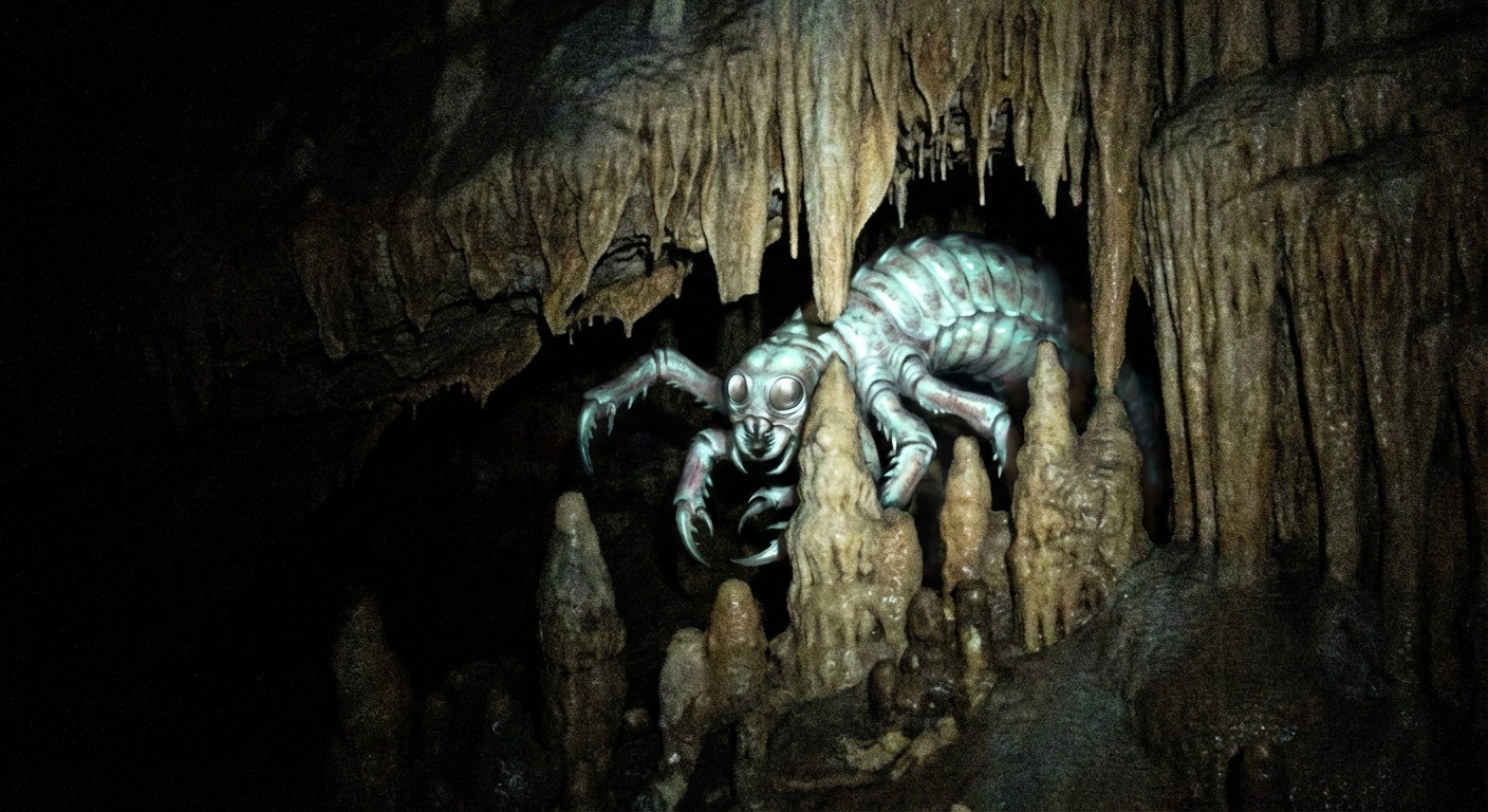 Photorealistic image of strange unknown predator deep underground in a cave